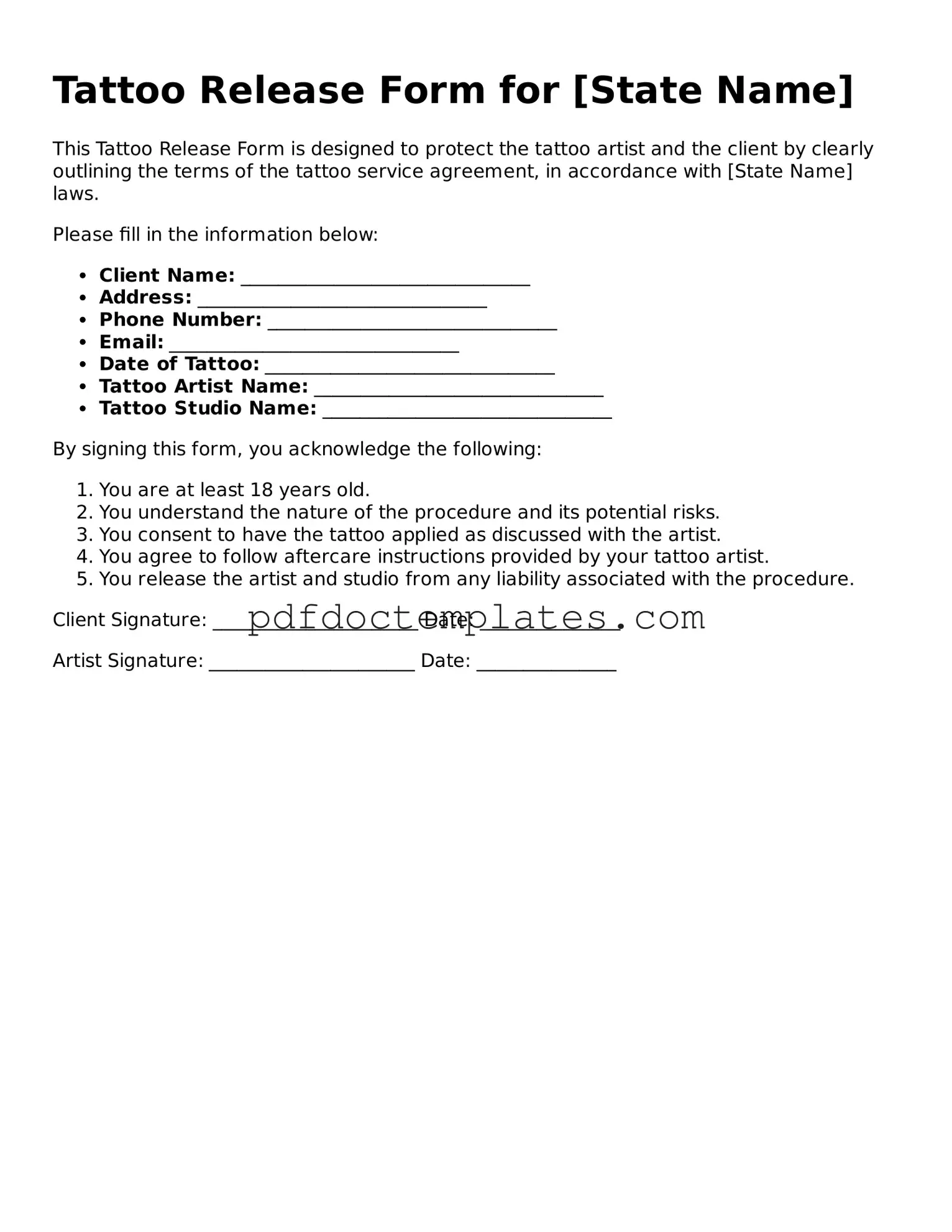 Printable Tattoo Release Template