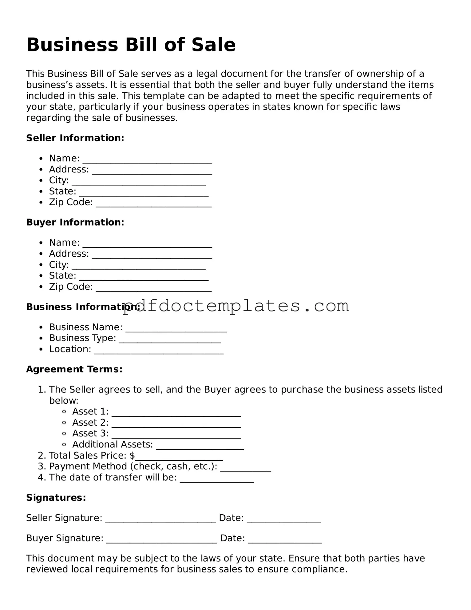 Printable Business Bill of Sale Template