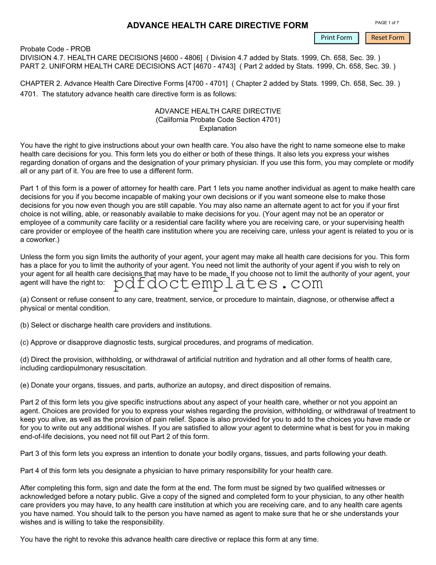 Download California Advanced Health Care Directive Template