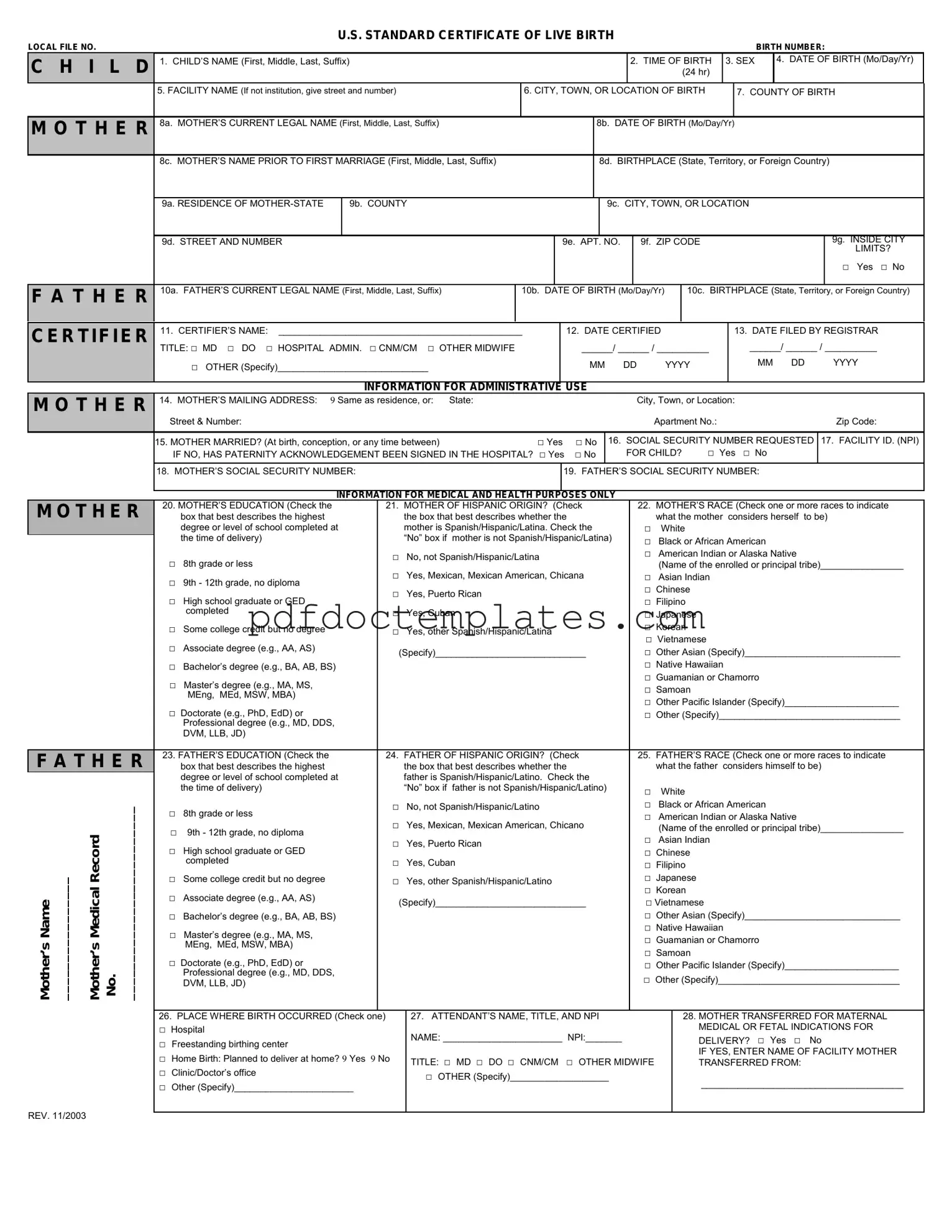 Download CDC U.S. Standard Certificate of Live Birth Template