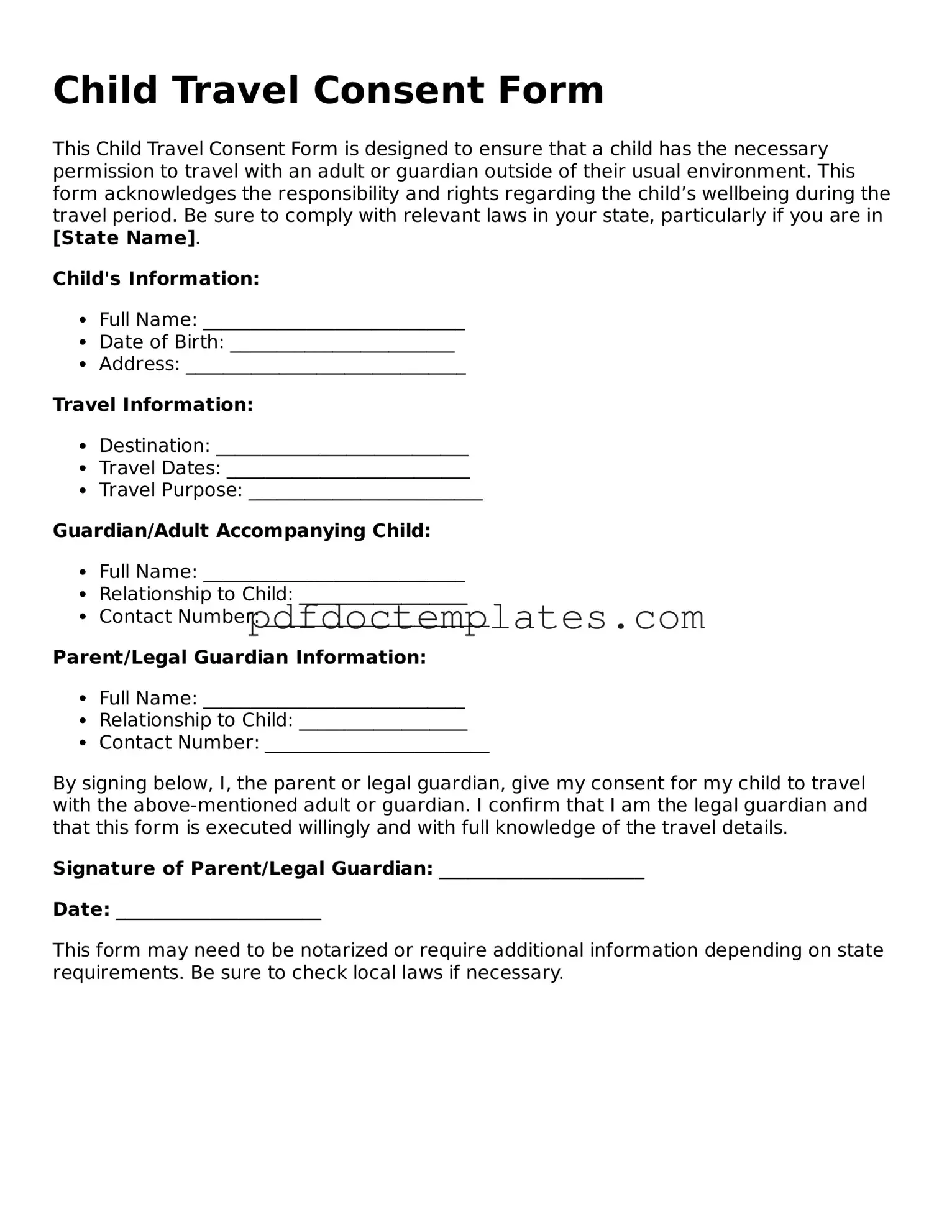 Printable Child Travel Consent Form Template