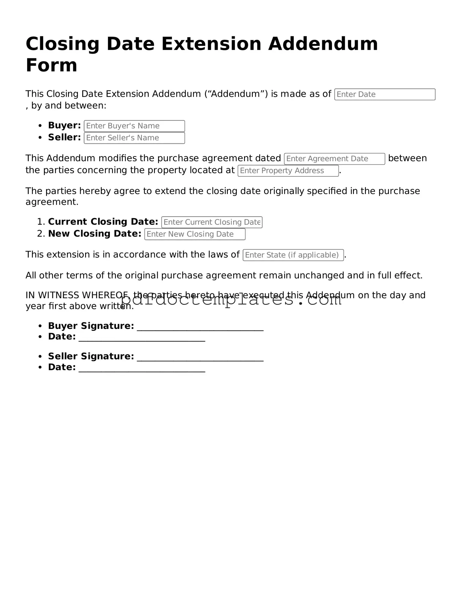 Printable Closing Date Extension Addendum Form Template