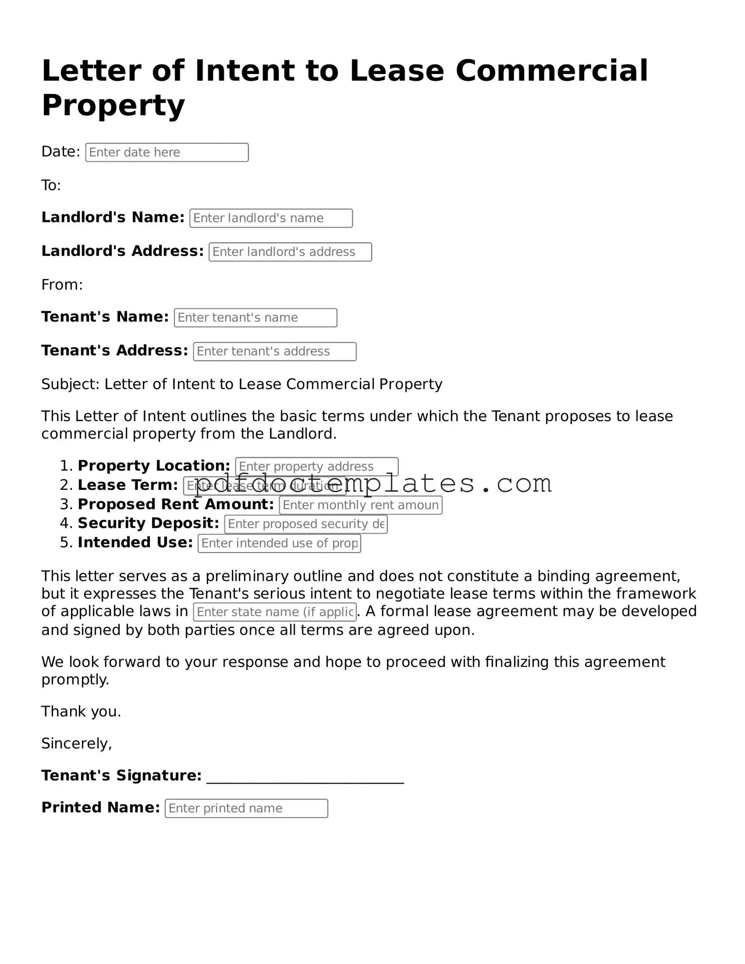 Printable Letter of Intent to Lease Commercial Property Template