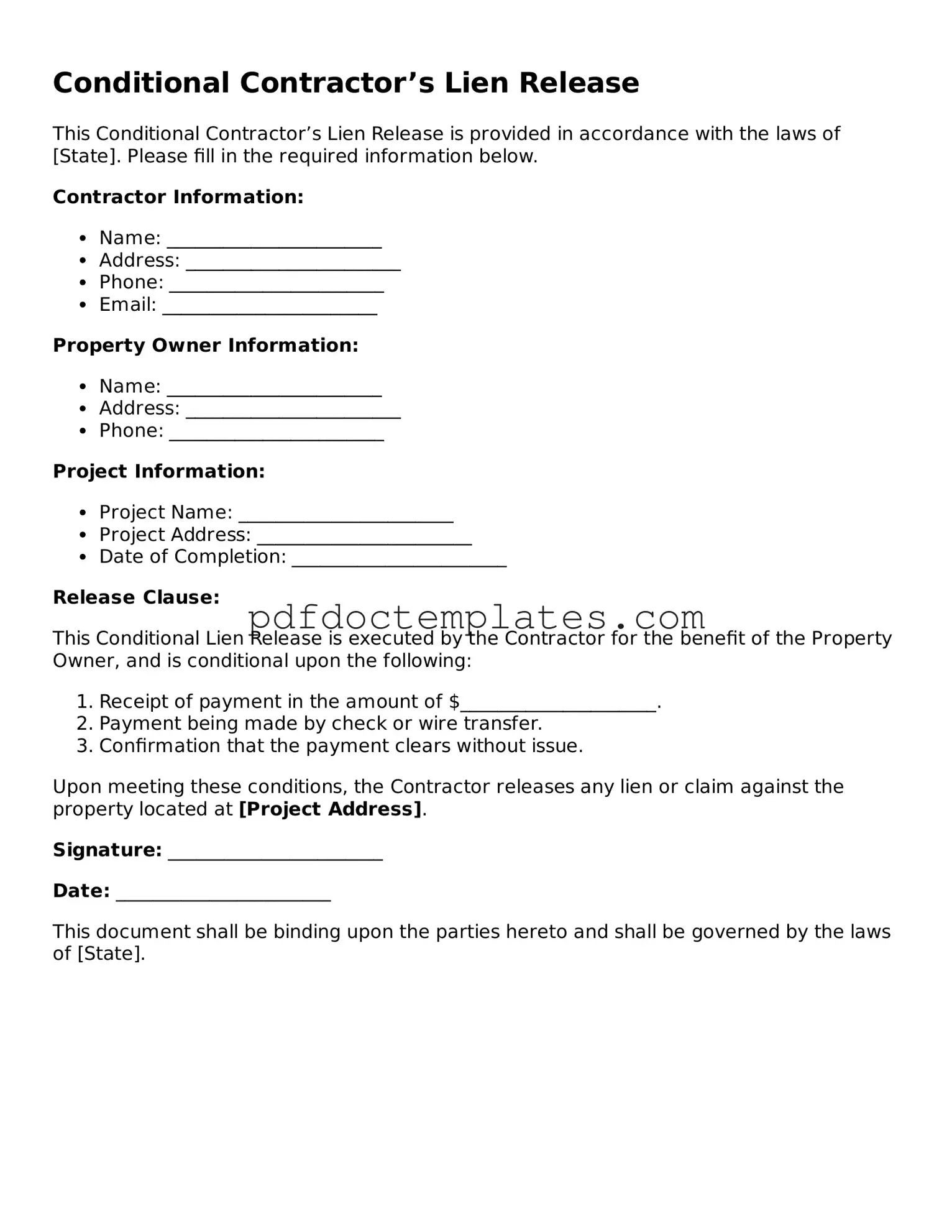 Printable Conditional Contractor’s Lien Release Template