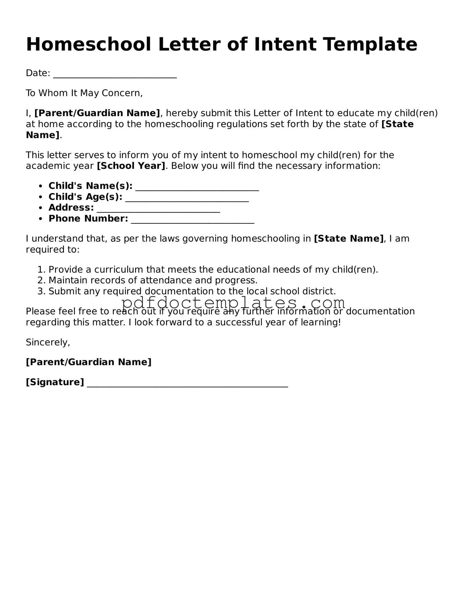 Printable Homeschool Letter of Intent Template
