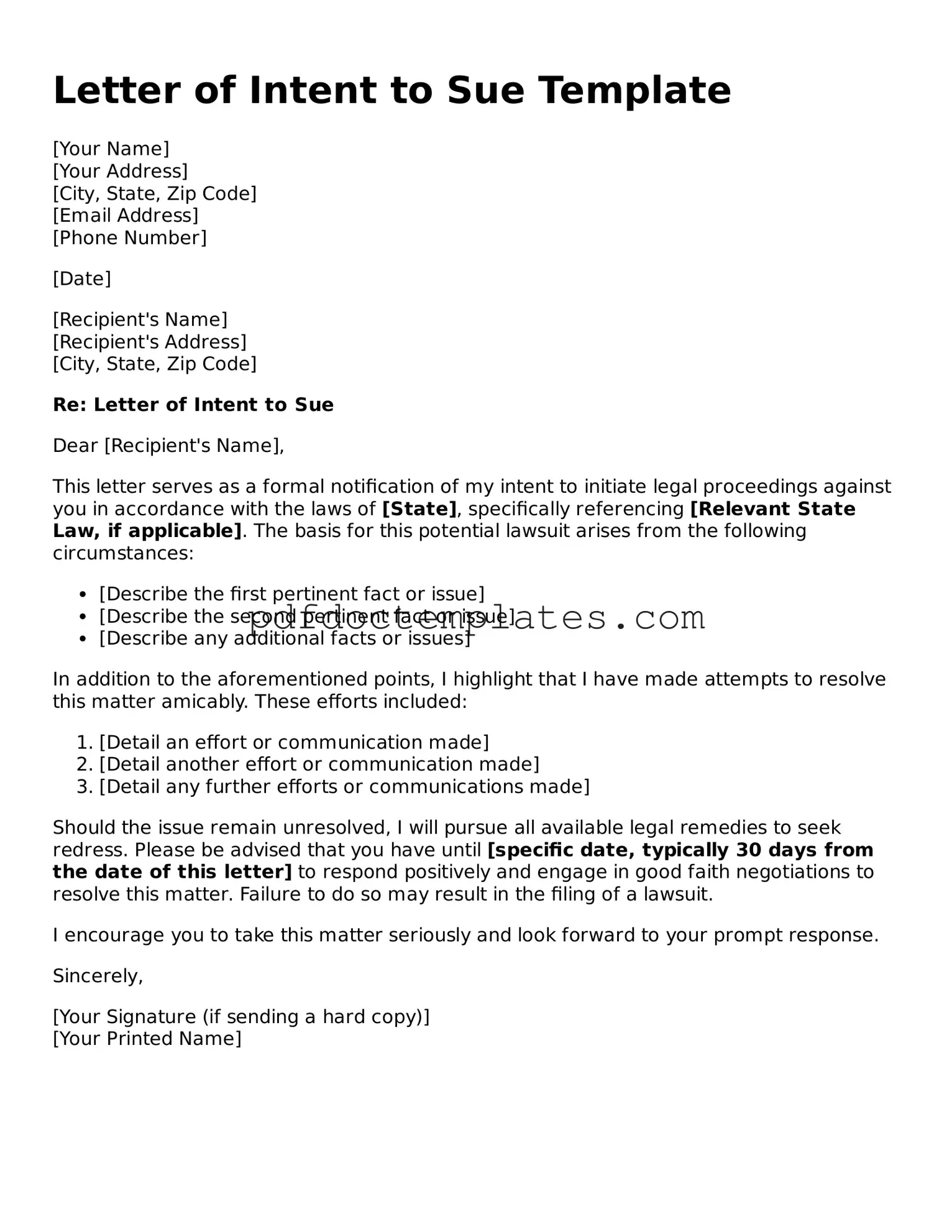 Printable Letter of Intent to Sue Template