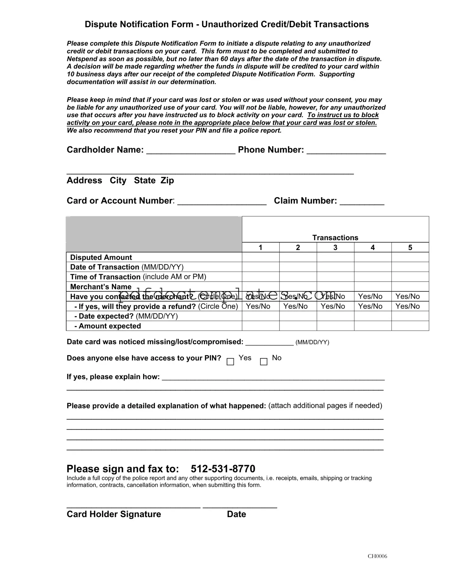 Download Netspend Dispute Template