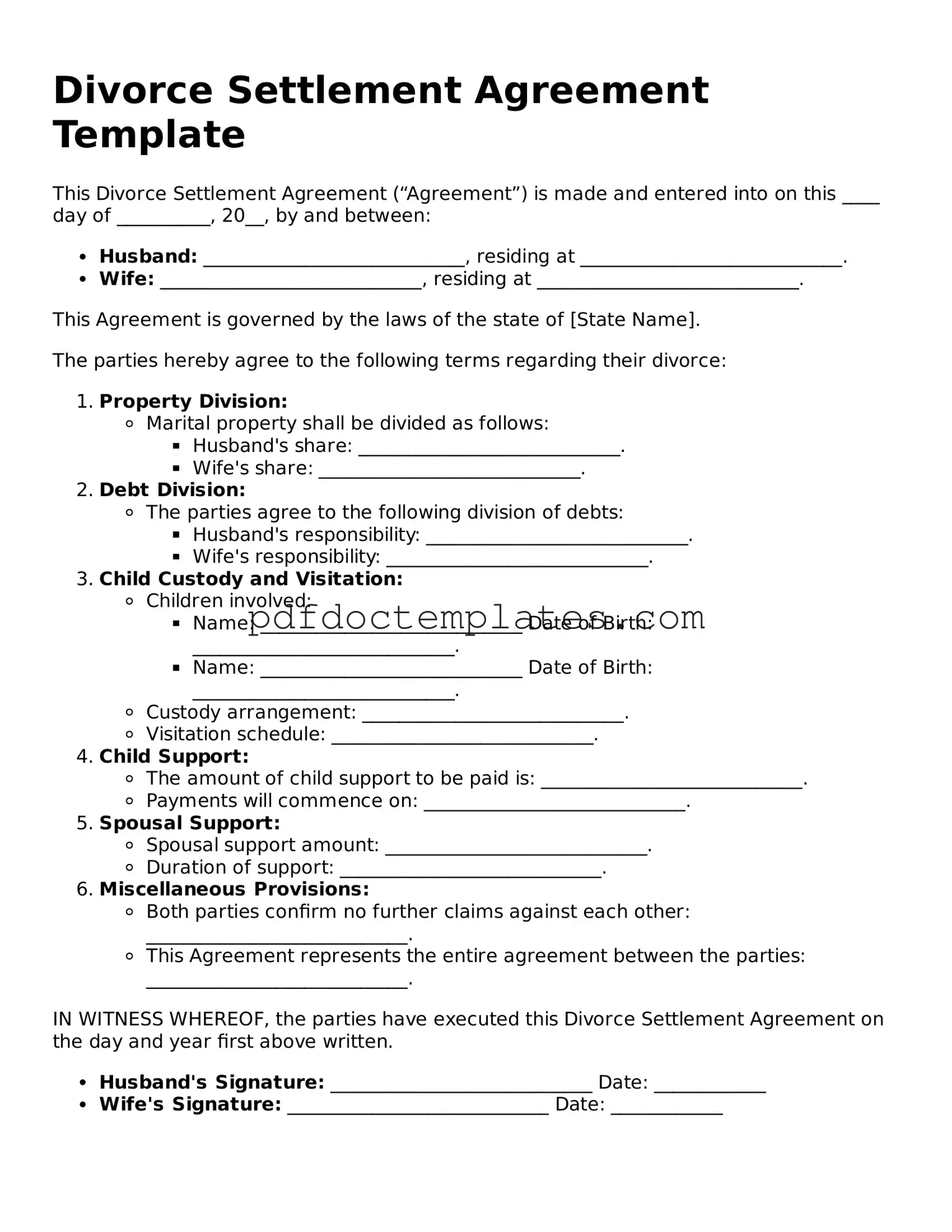 Printable Divorce Settlement Agreement Template