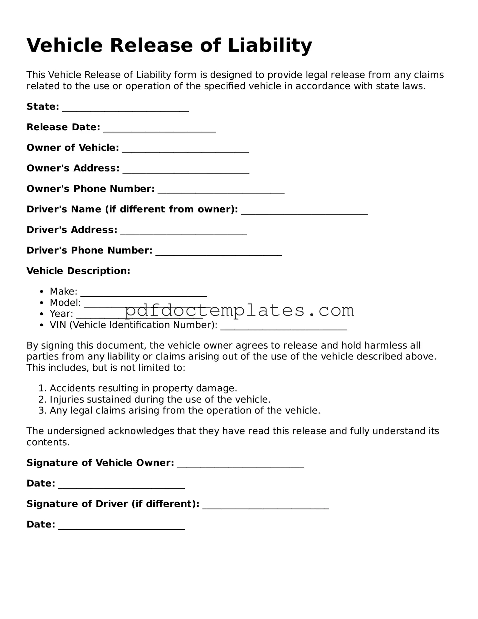 Printable Vehicle Release of Liability Template
