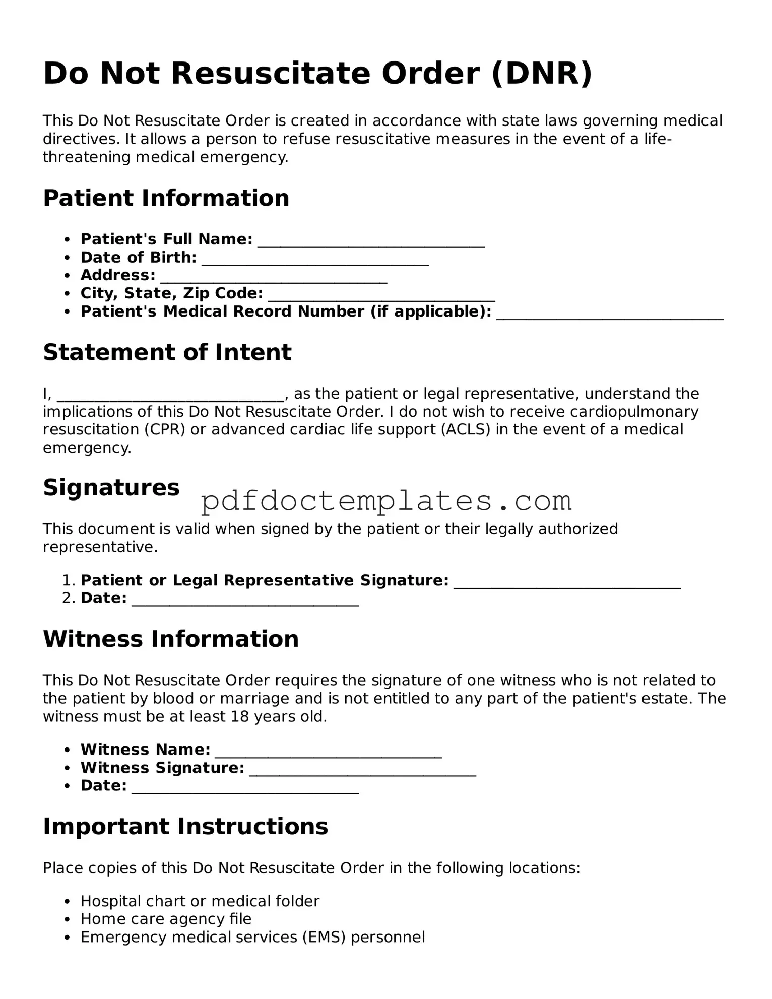 Printable Do Not Resuscitate Order Template