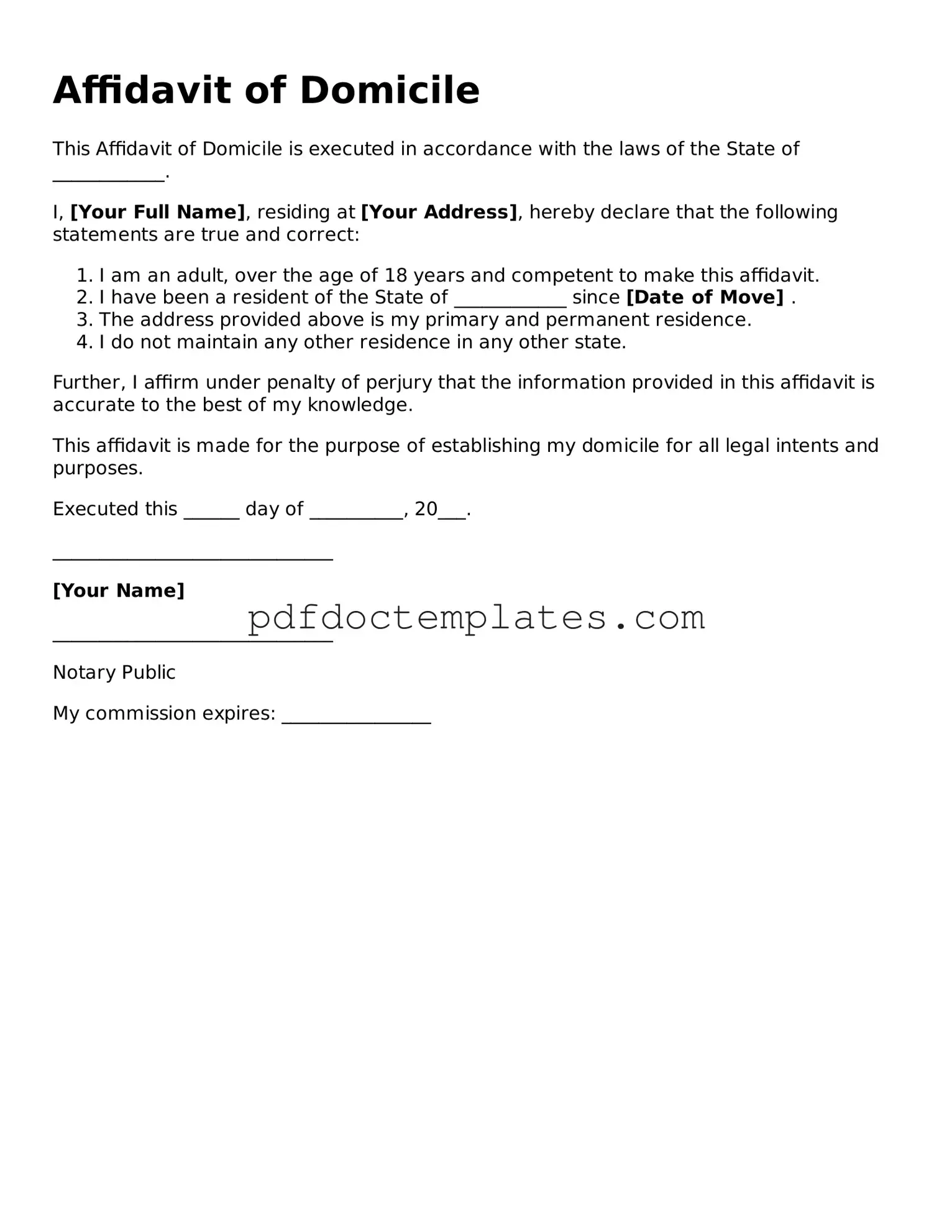 Printable Affidavit of Domicile Template