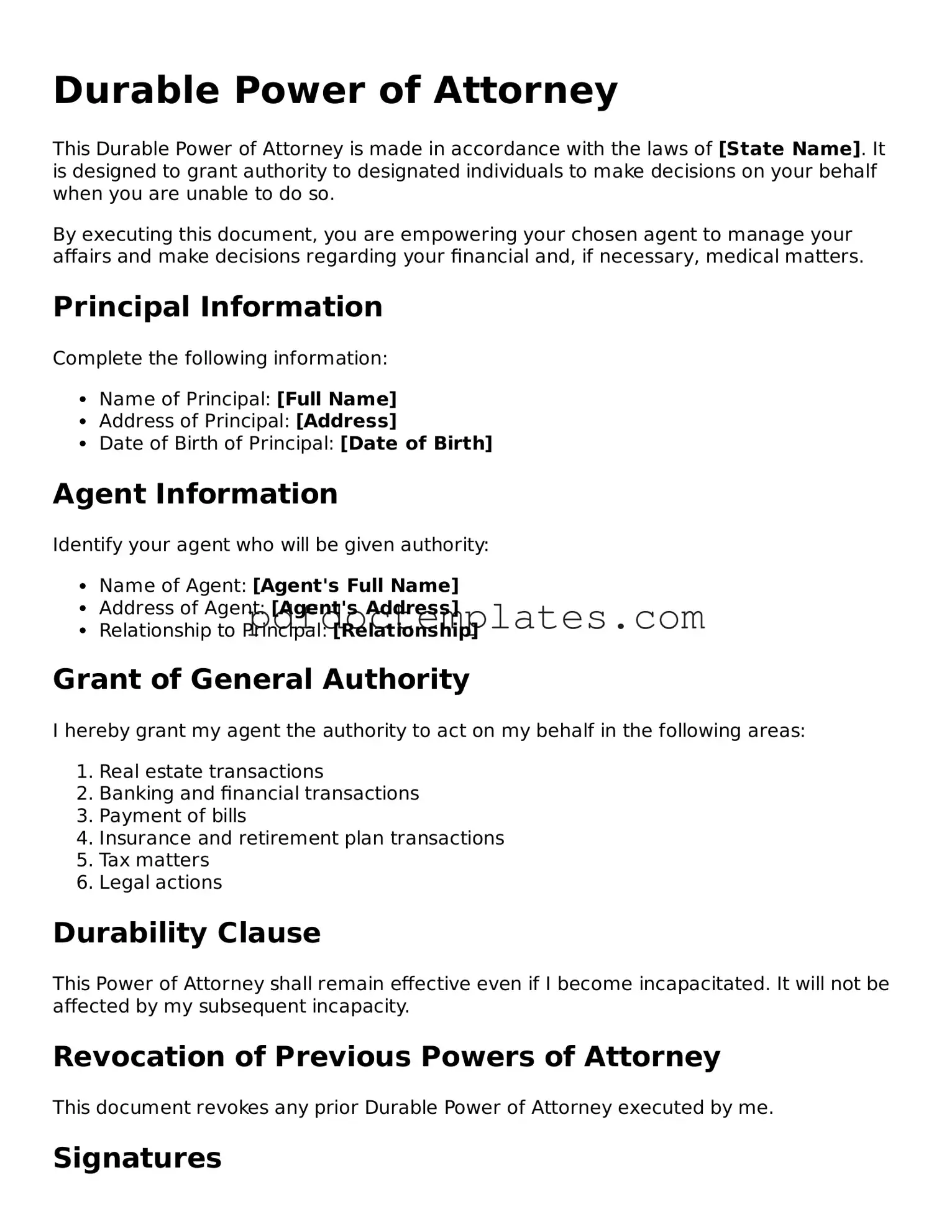 Printable Durable Power of Attorney Template
