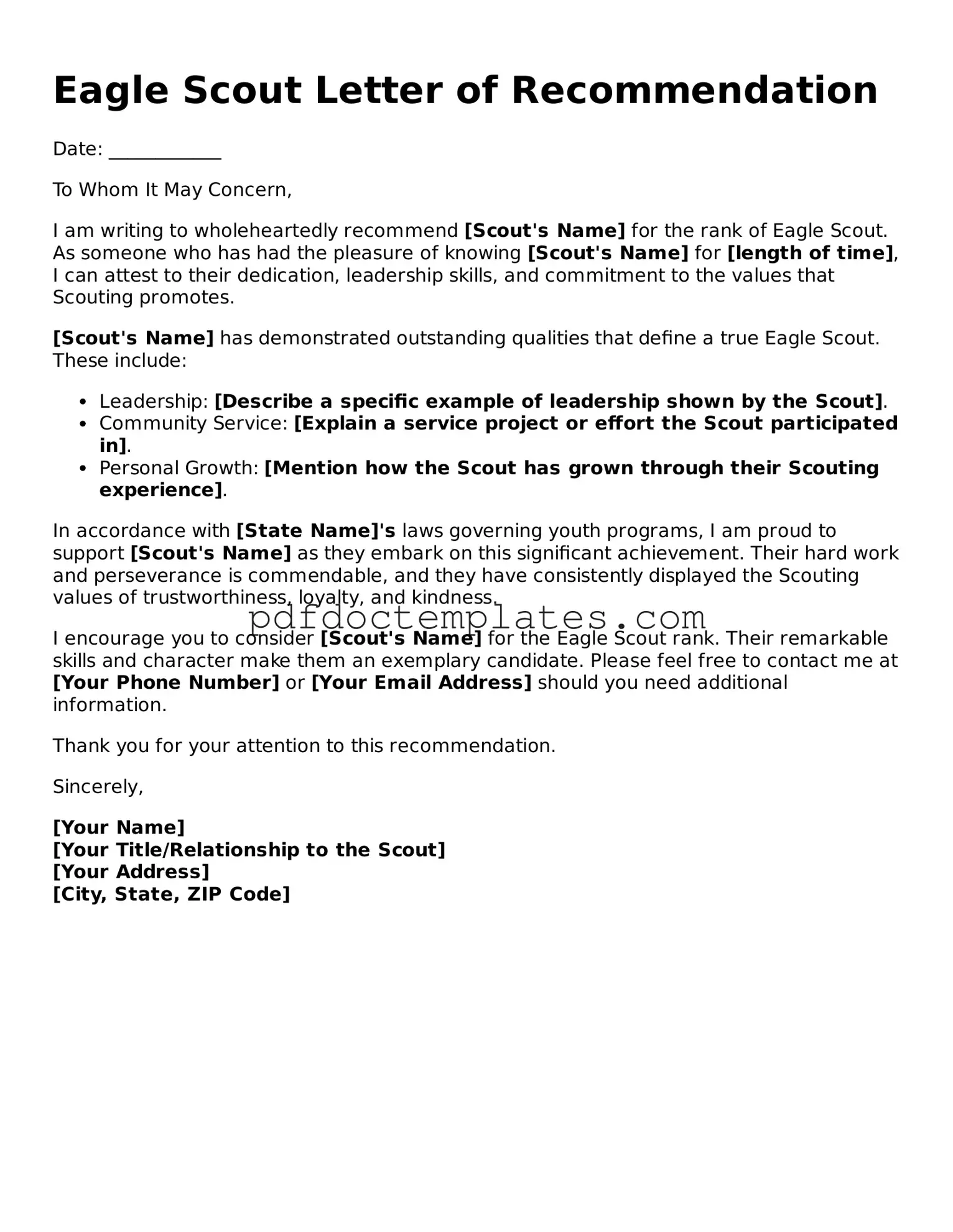 Printable Eagle Scout Letter of Recommendation Template