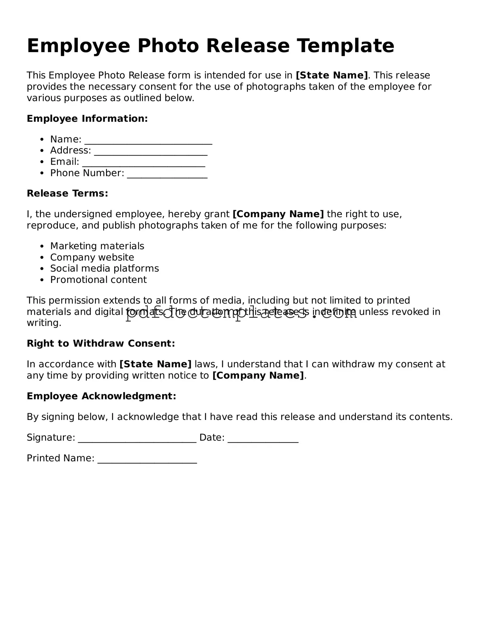 Printable Employee Photo Release Template