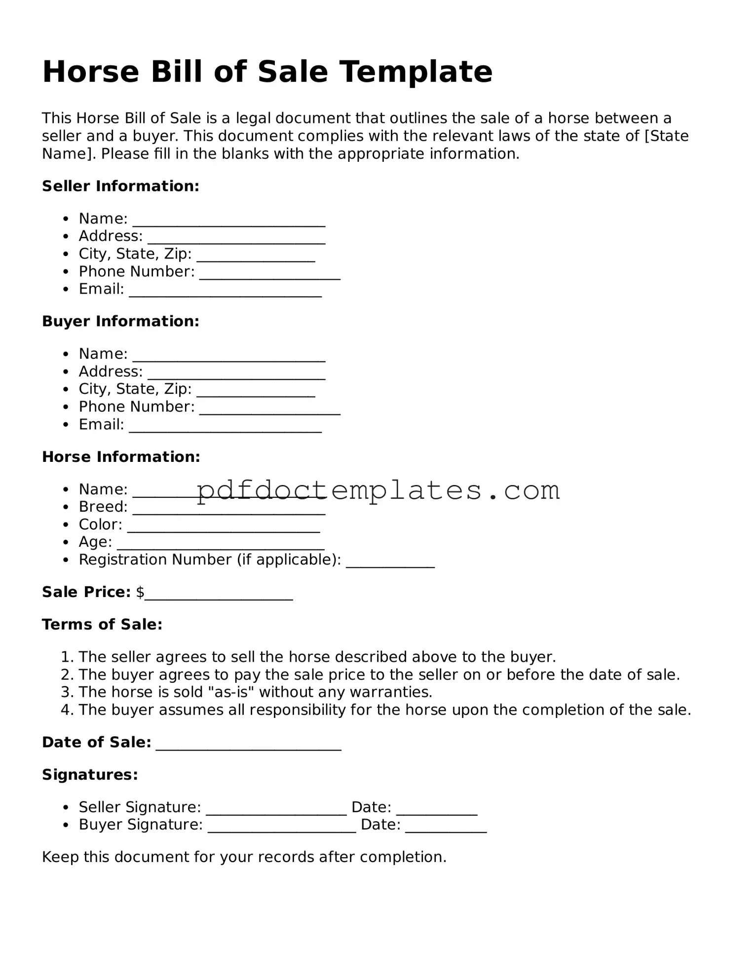 Printable Horse Bill of Sale Template