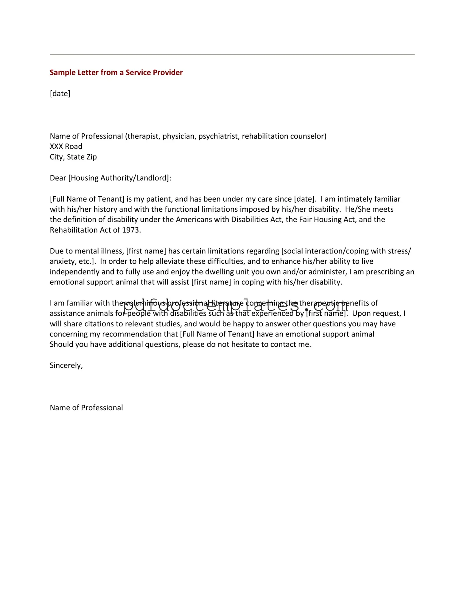 Download Emotional Support Animal Letter Template