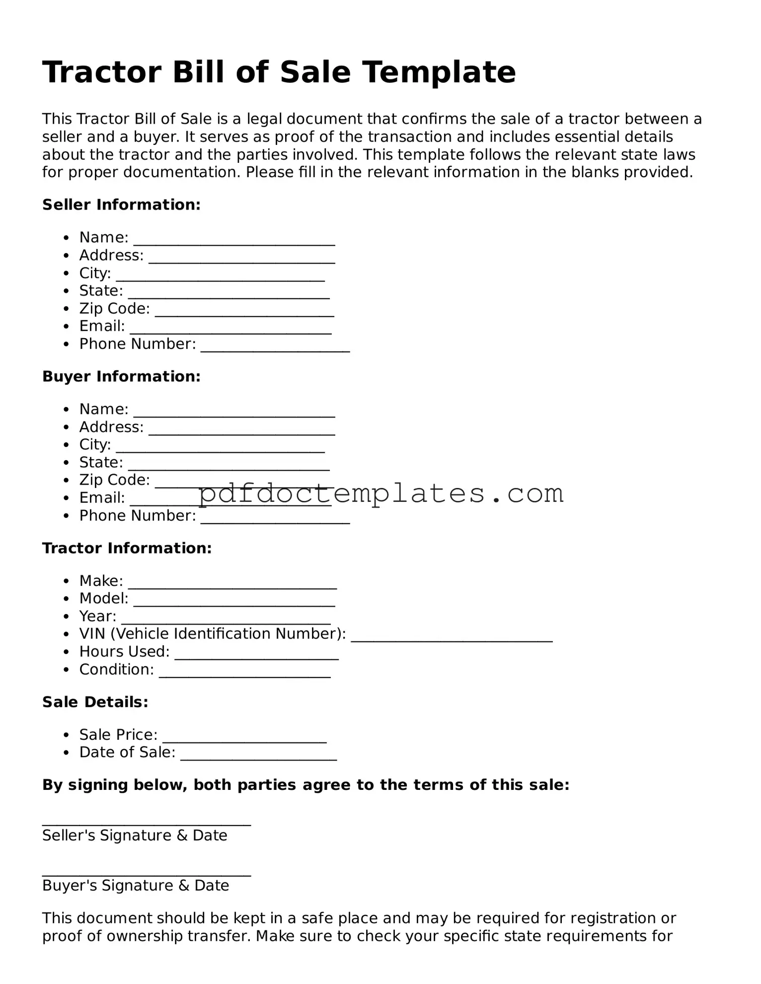 Printable Tractor Bill of Sale Template