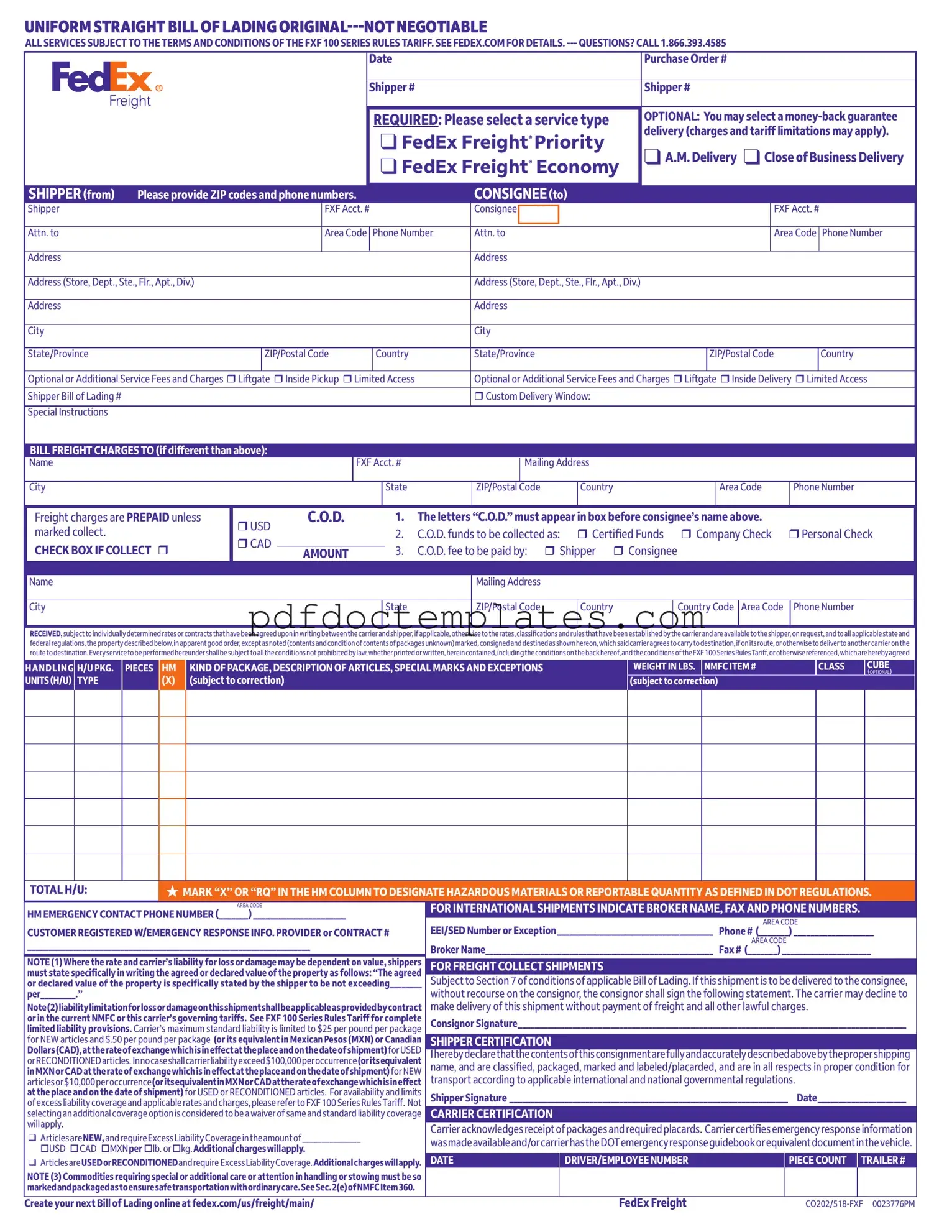 Download Fedex Bill Of Lading Template