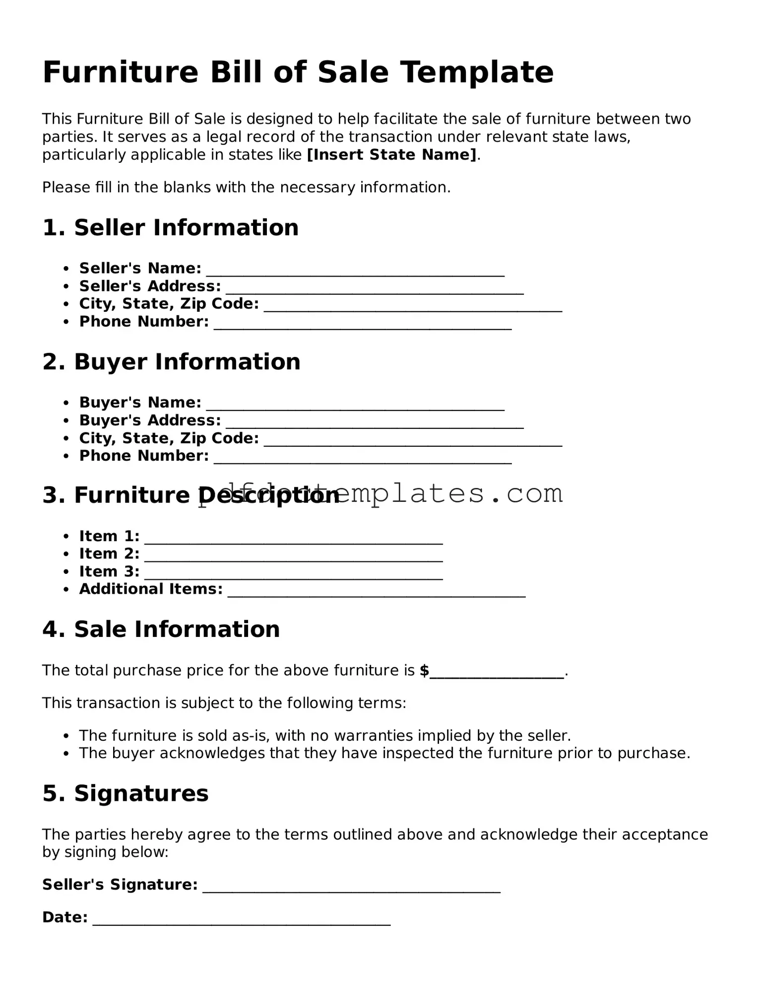 Printable Furniture Bill of Sale Template