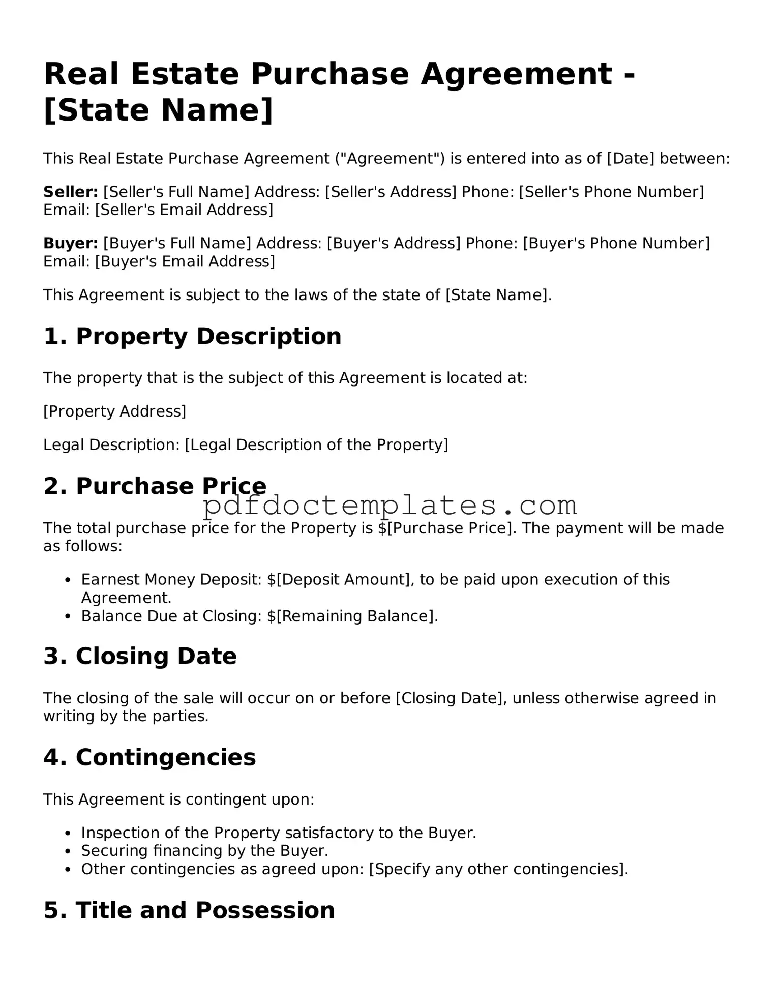 Printable Real Estate Purchase Agreement Template