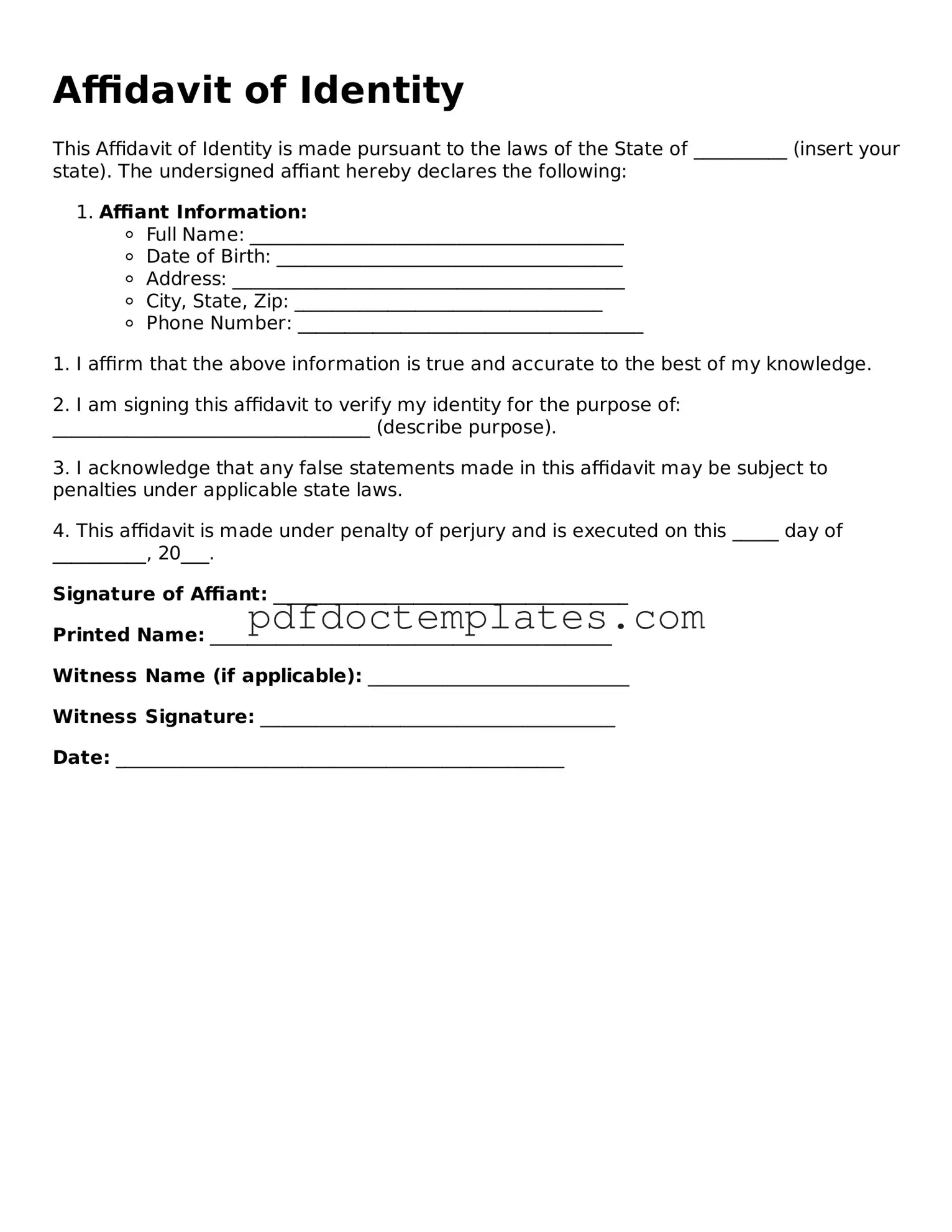 Printable Affidavit of Identity Template