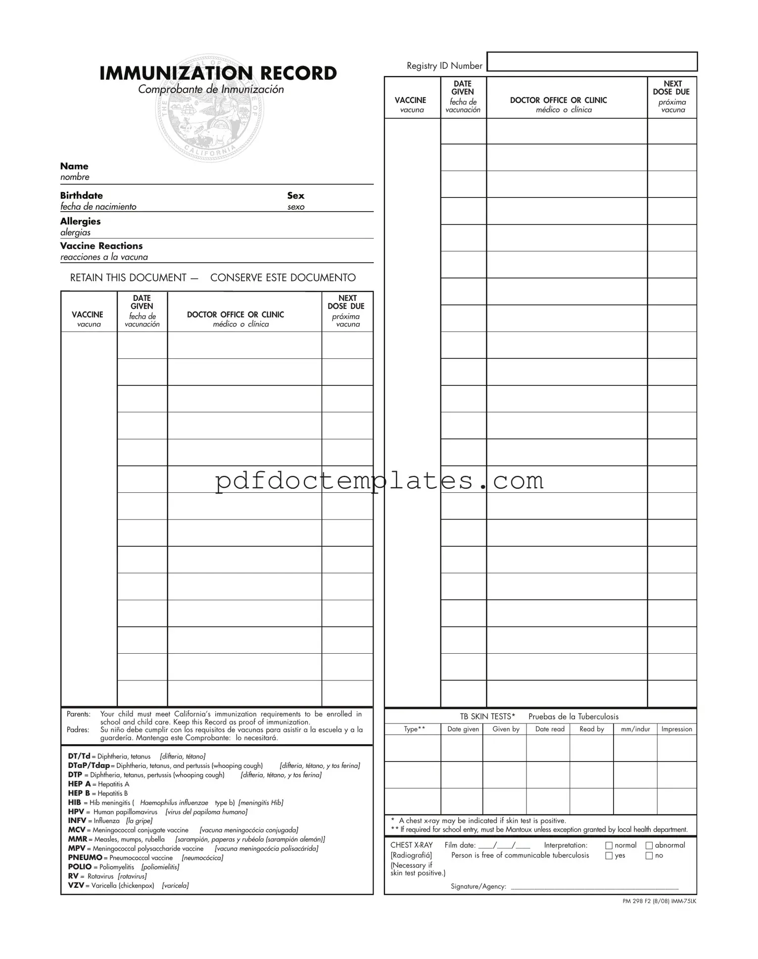 Download Immunization Record Template