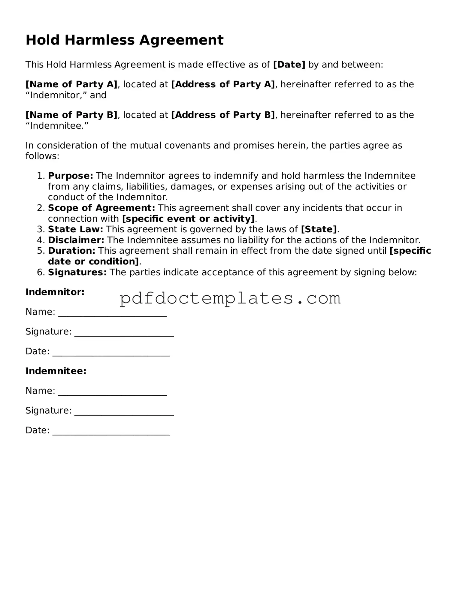 Printable Hold Harmless Agreement Template