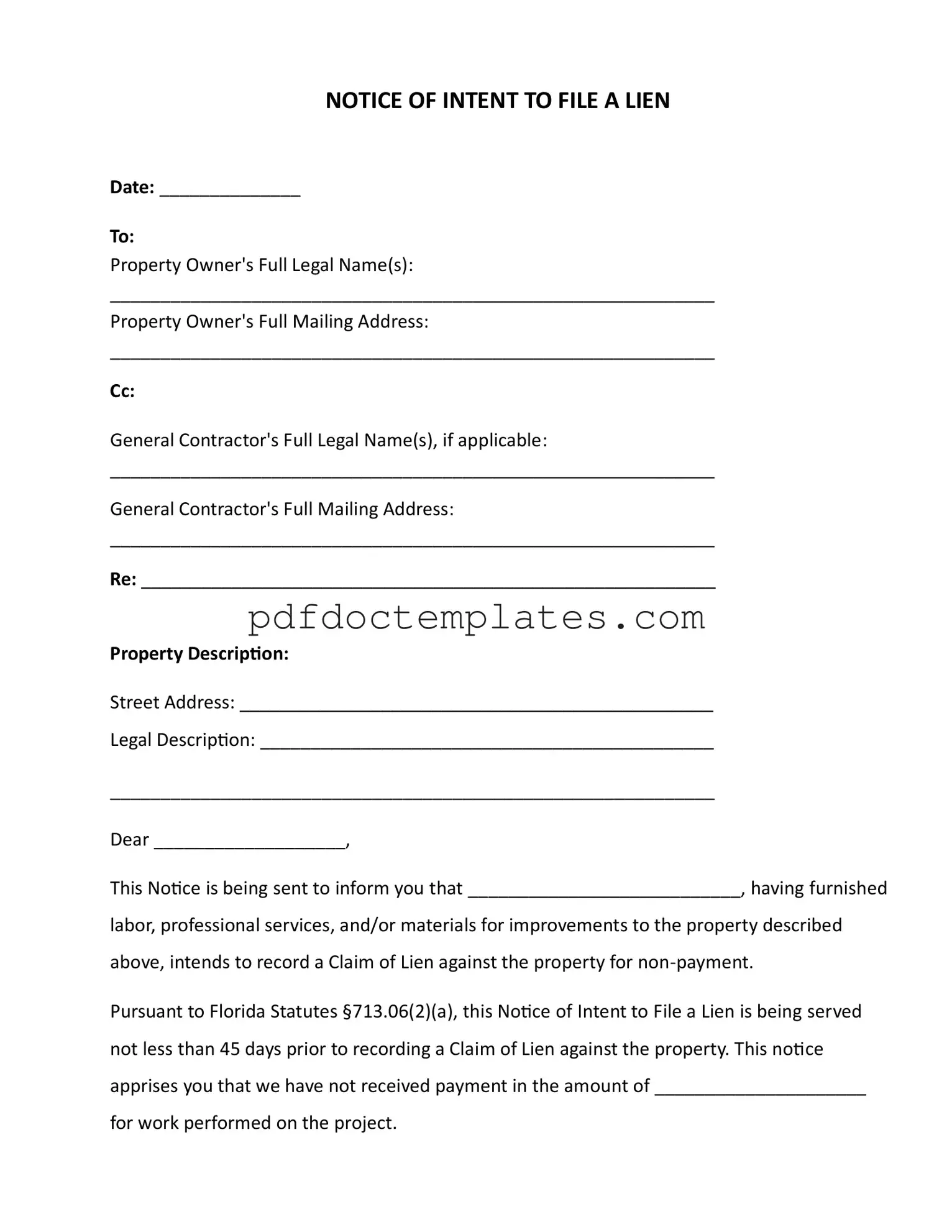 Download Intent To Lien Florida Template
