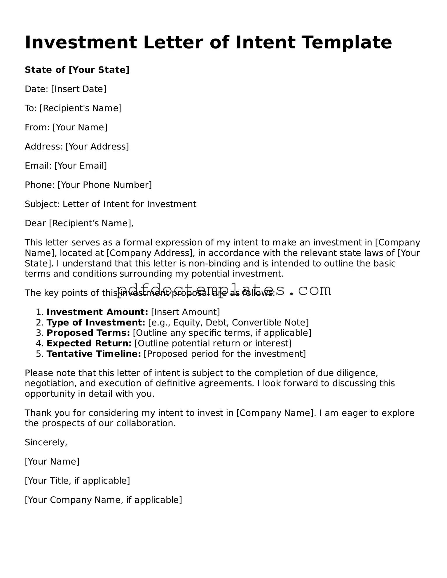 Printable Investment Letter of Intent Template