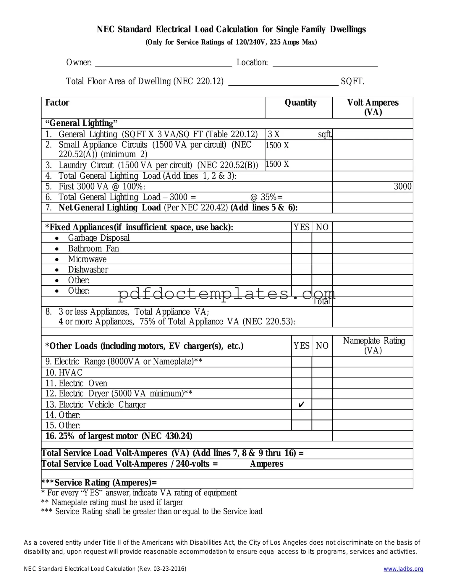 Download LADBS NEC Standard Electrical Load Calculation Template