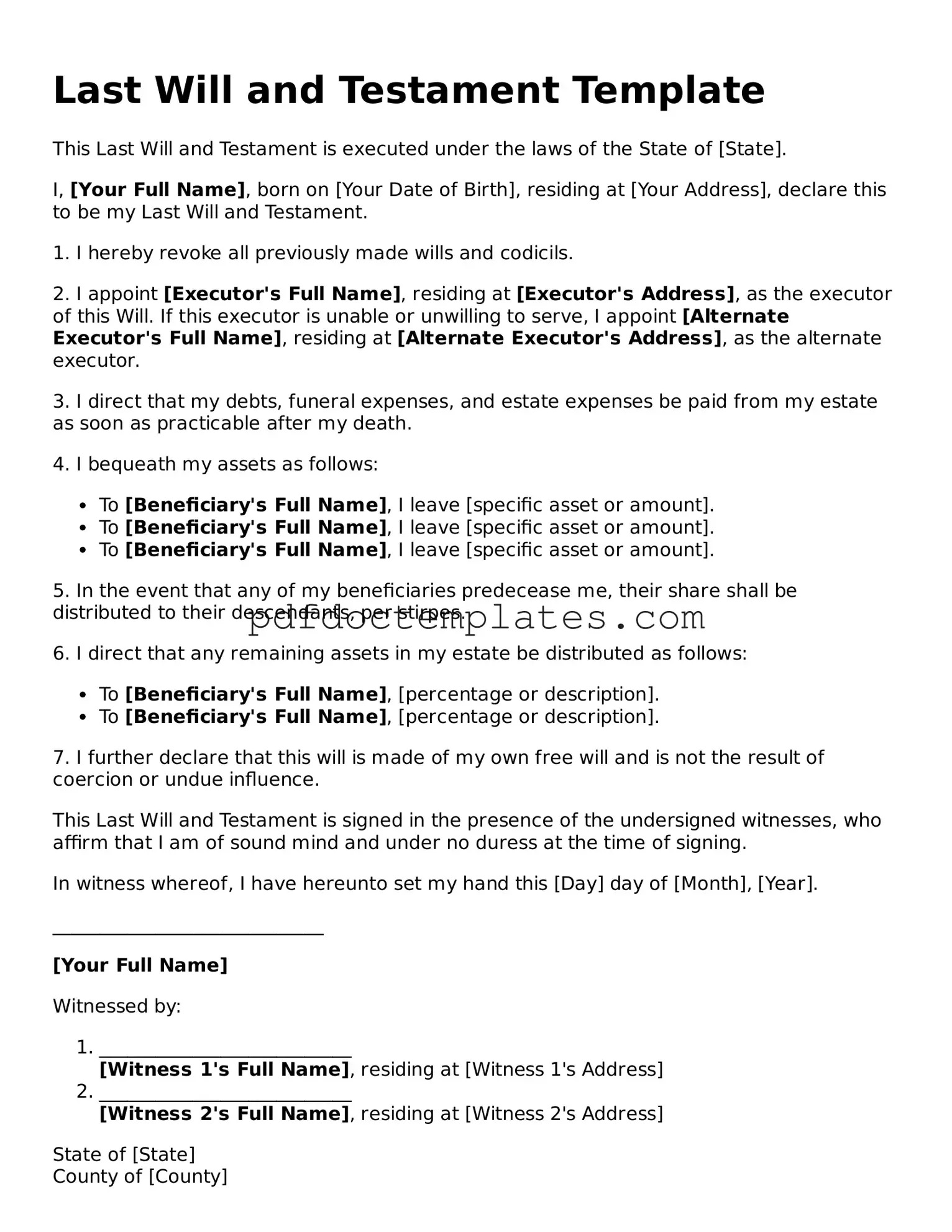 Printable Last Will and Testament Template