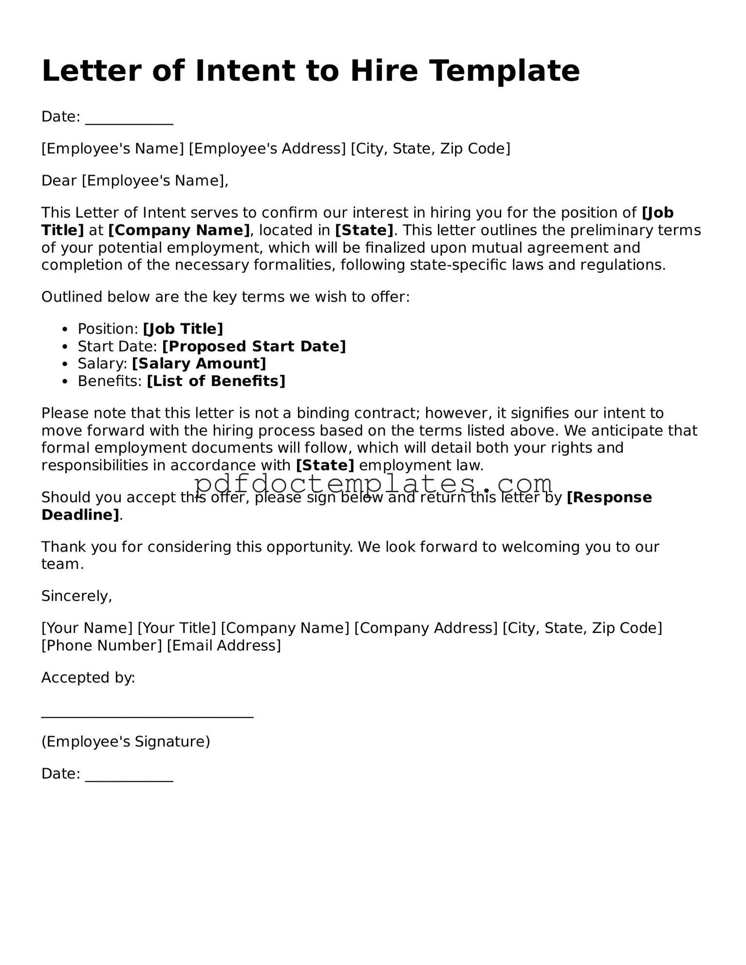 Printable Letter of Intent to Hire Template