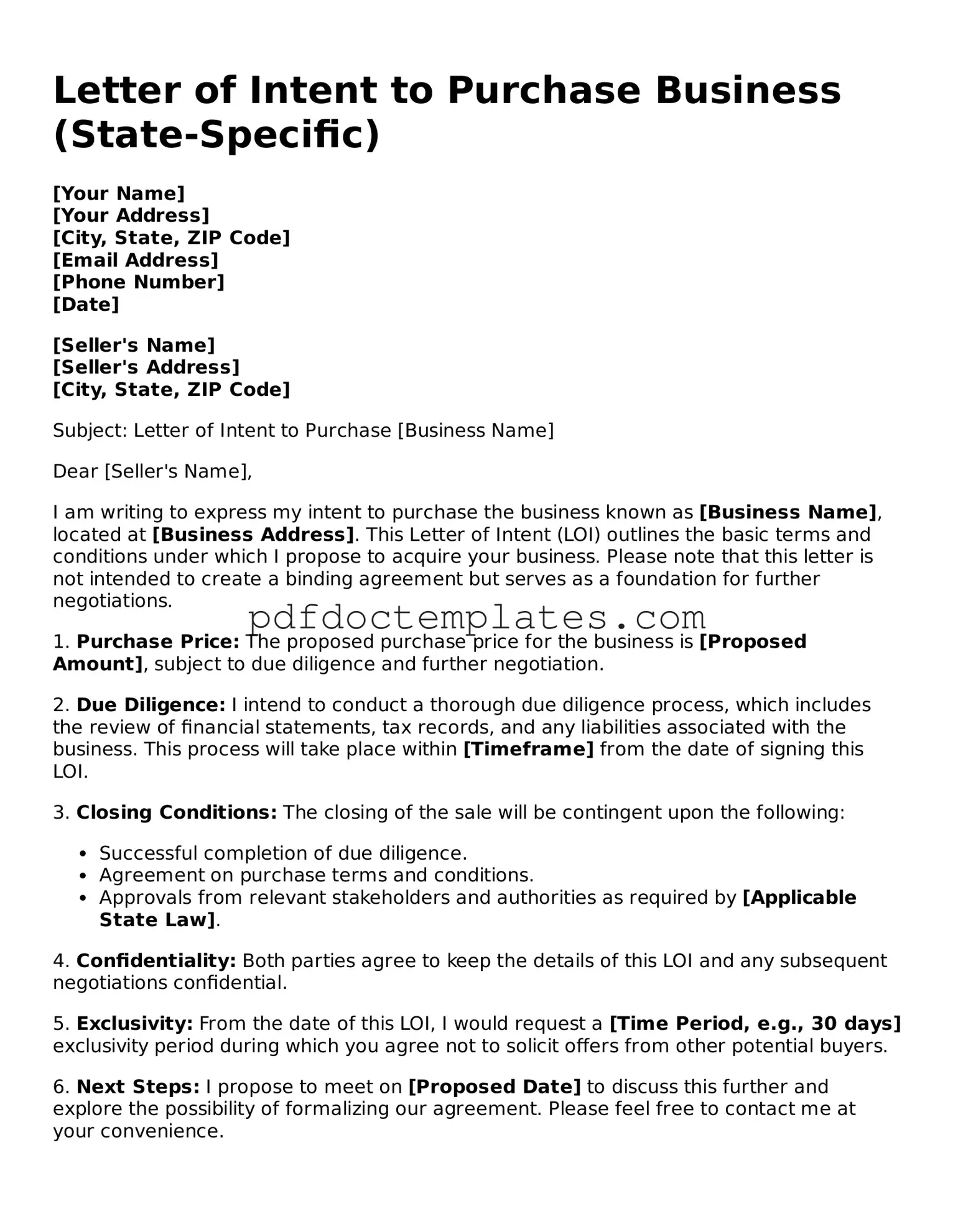Printable Letter of Intent to Purchase Business Template