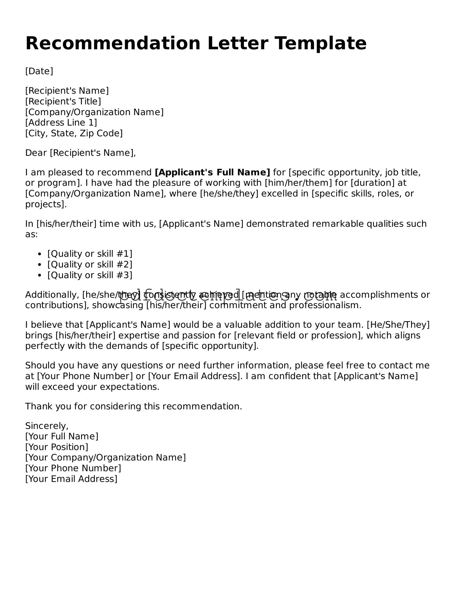 Printable Recommendation Letter Template