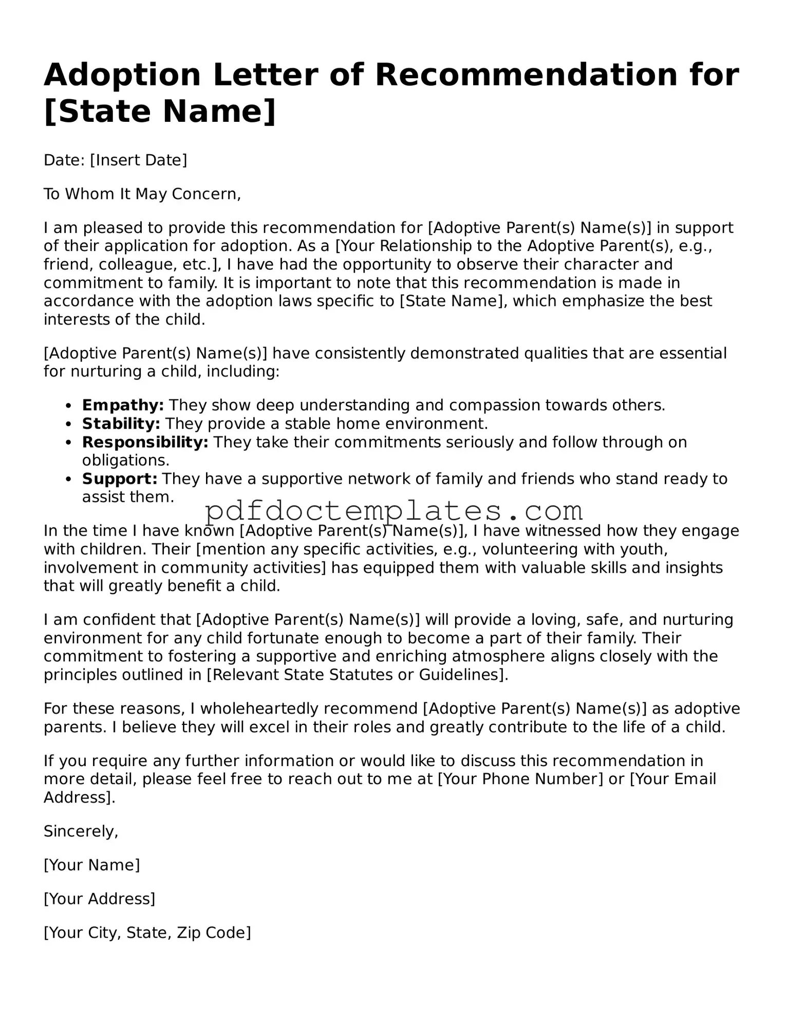 Printable Adoption Letter of Recommendation Template