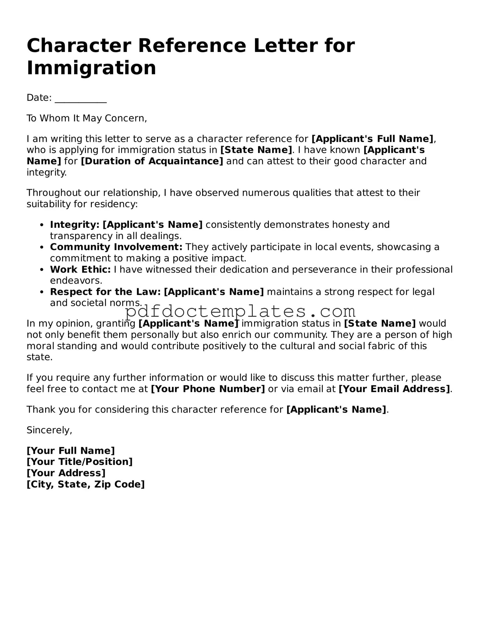 Printable Character Reference Letter for Immigration Template