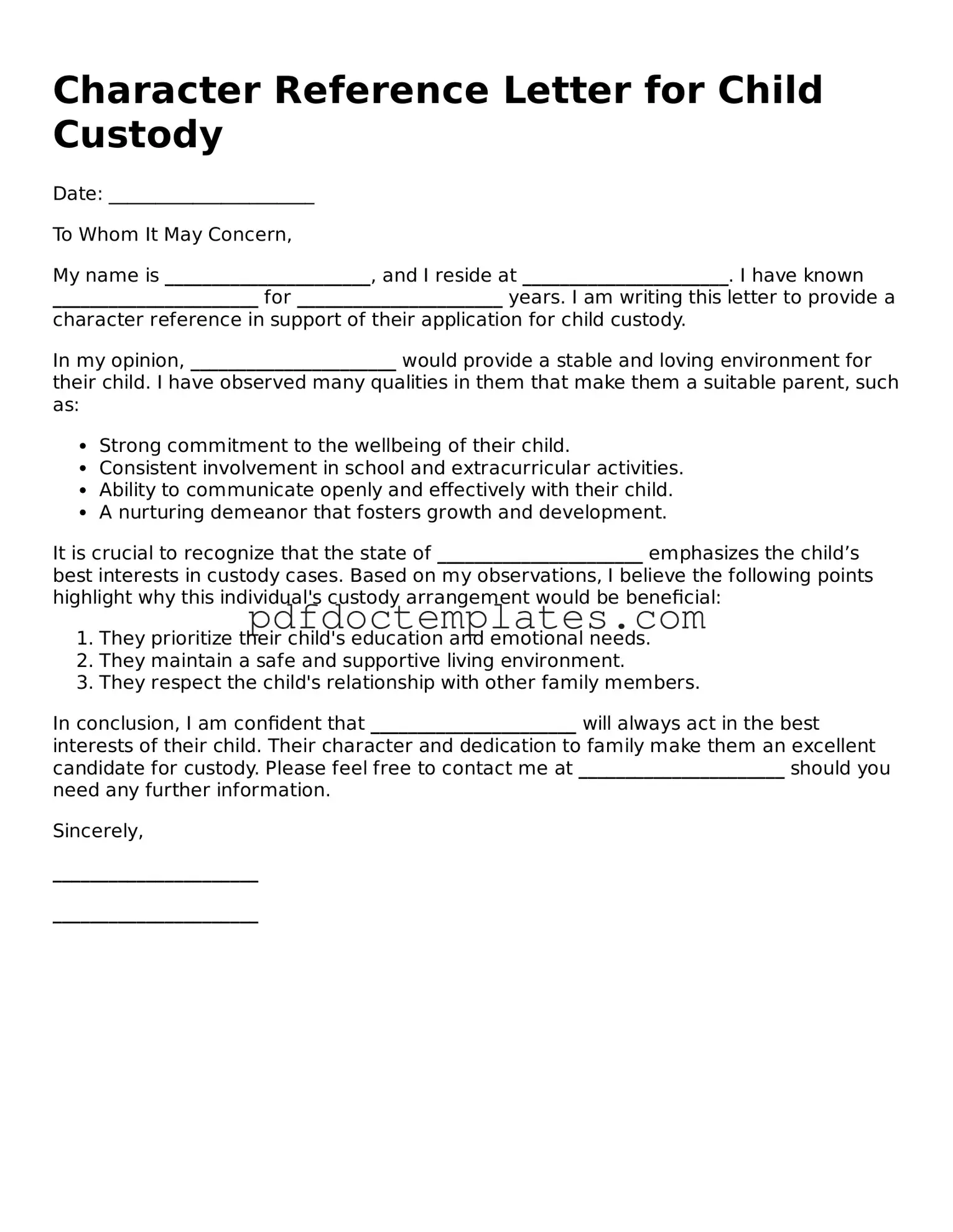 Printable Character Reference Letter for Child Custody Template