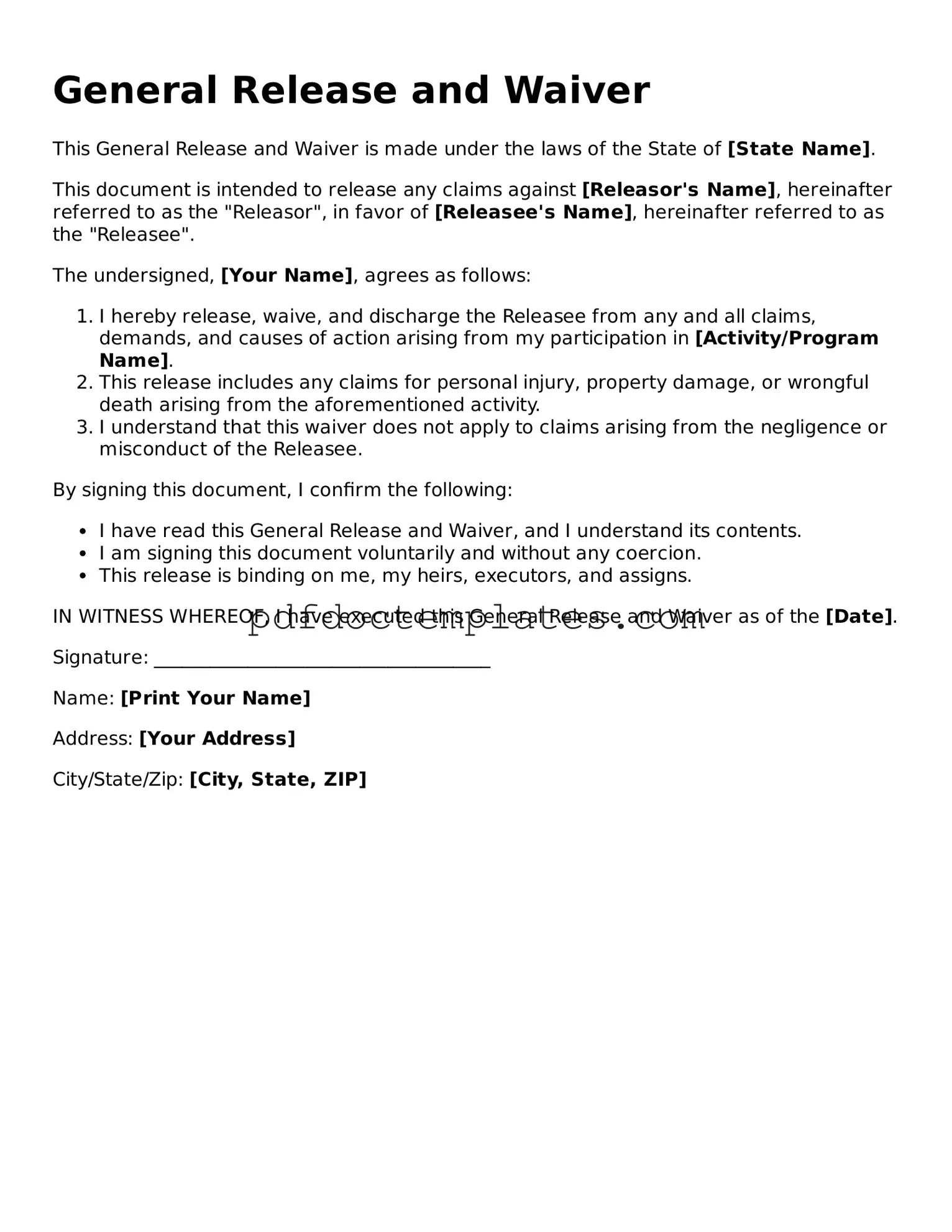 Printable General Release and Waiver Template