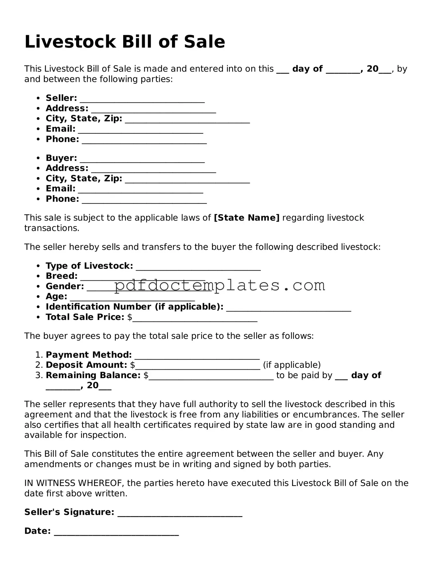 Printable Livestock Bill of Sale Template