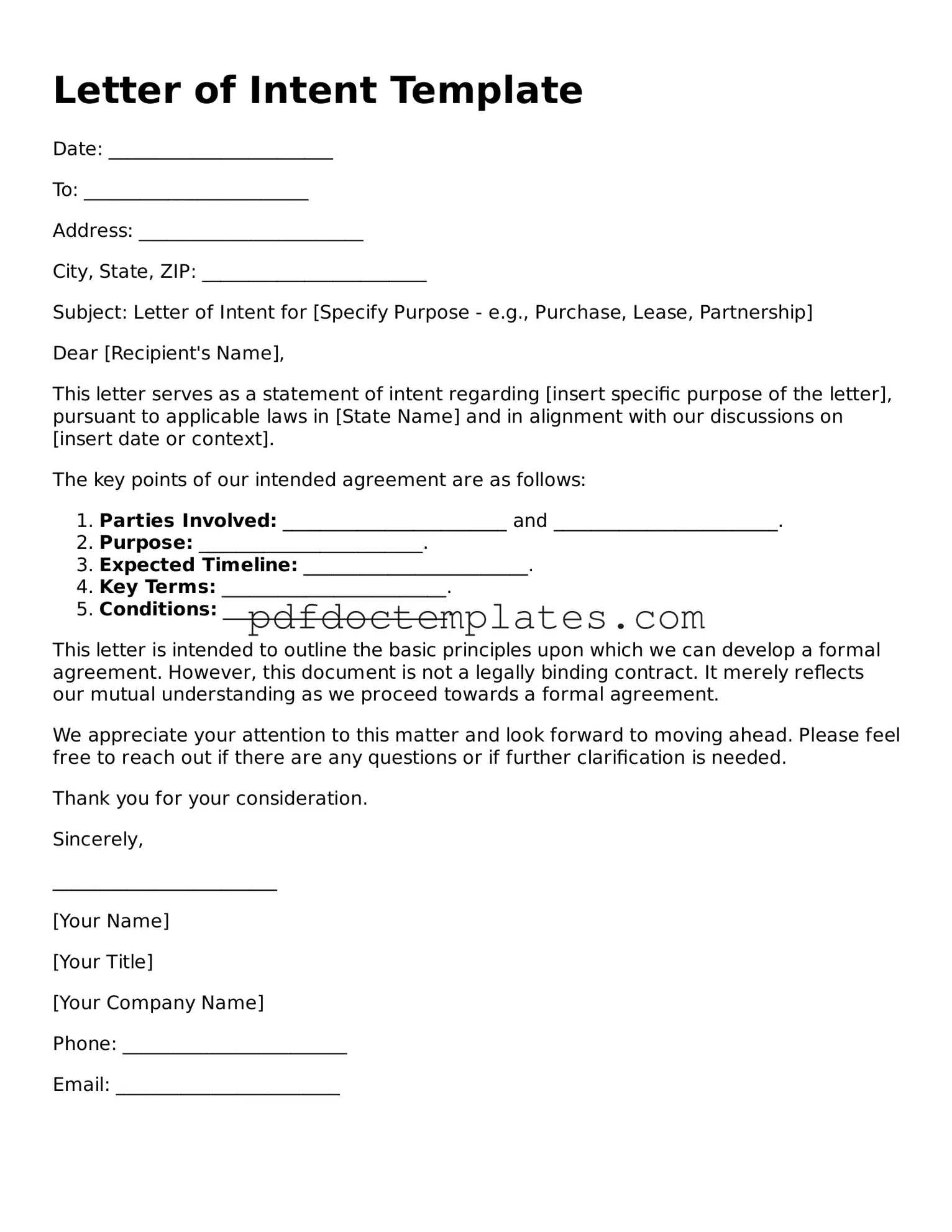Printable Letter of Intent Template