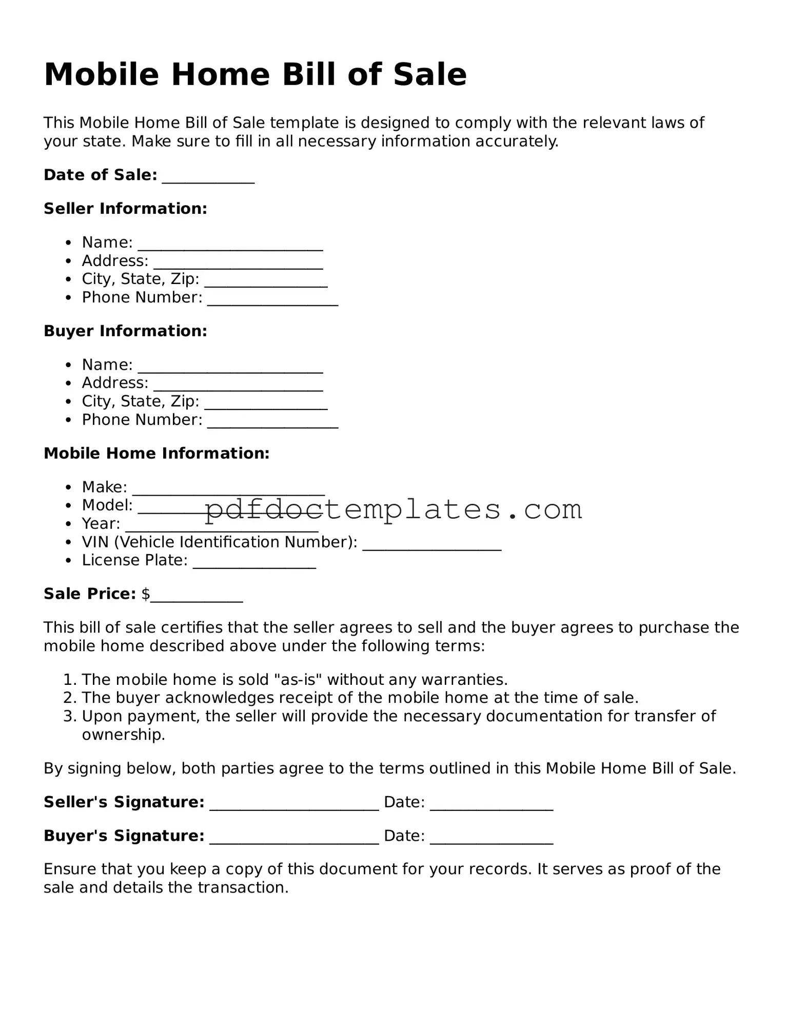 Printable Mobile Home Bill of Sale Template