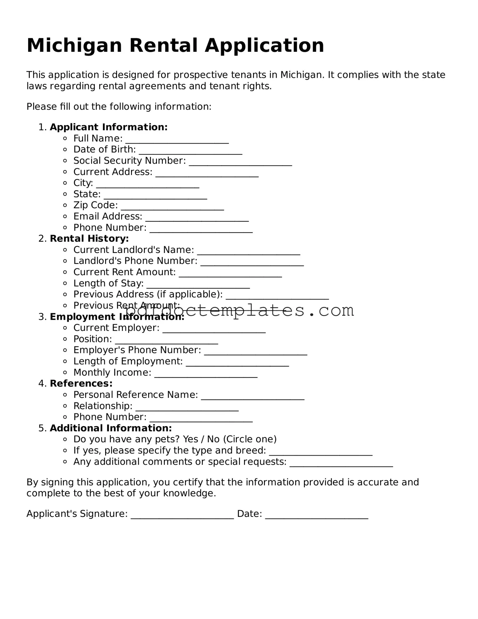Blank  Rental Application Document for Michigan
