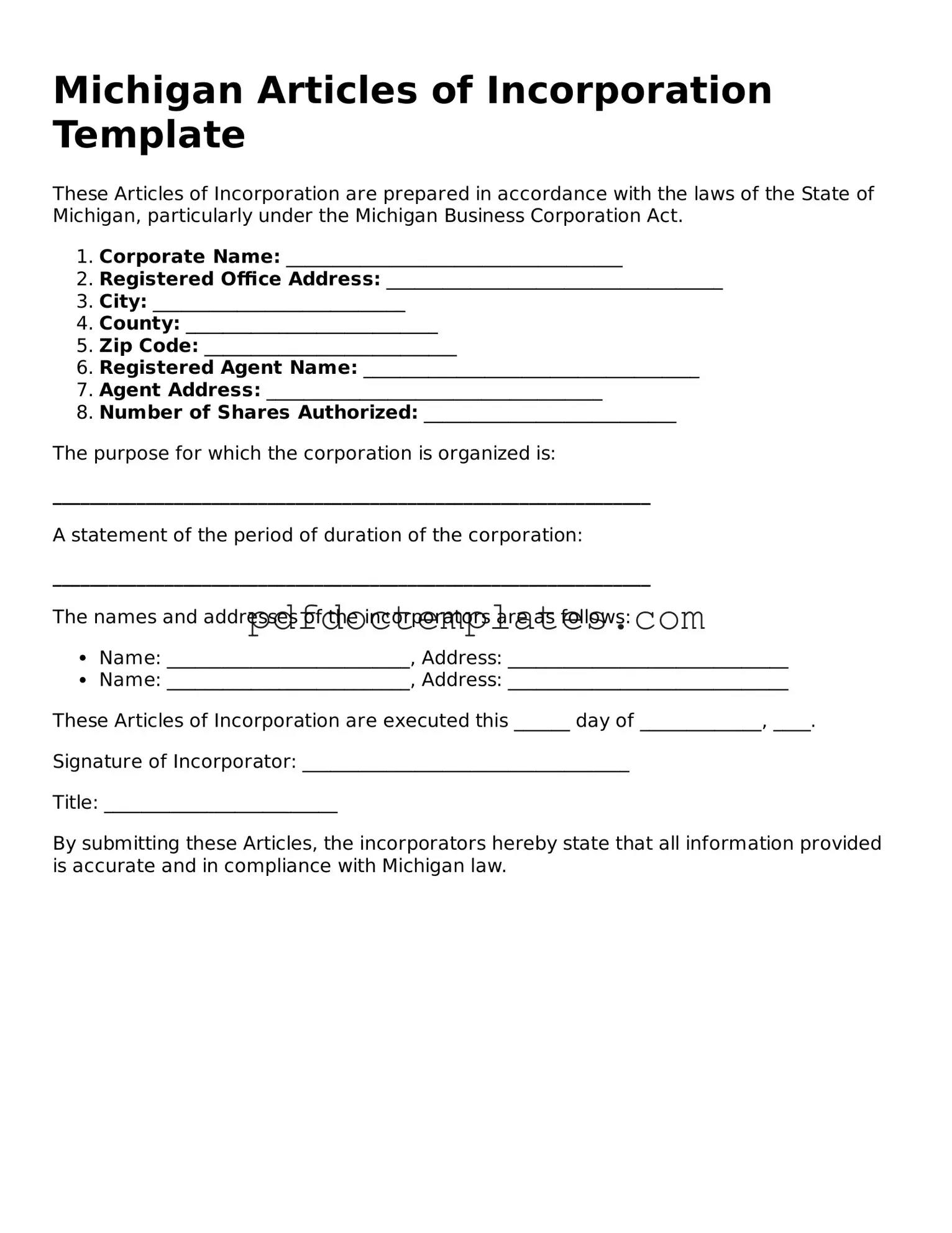 Blank  Articles of Incorporation Document for Michigan