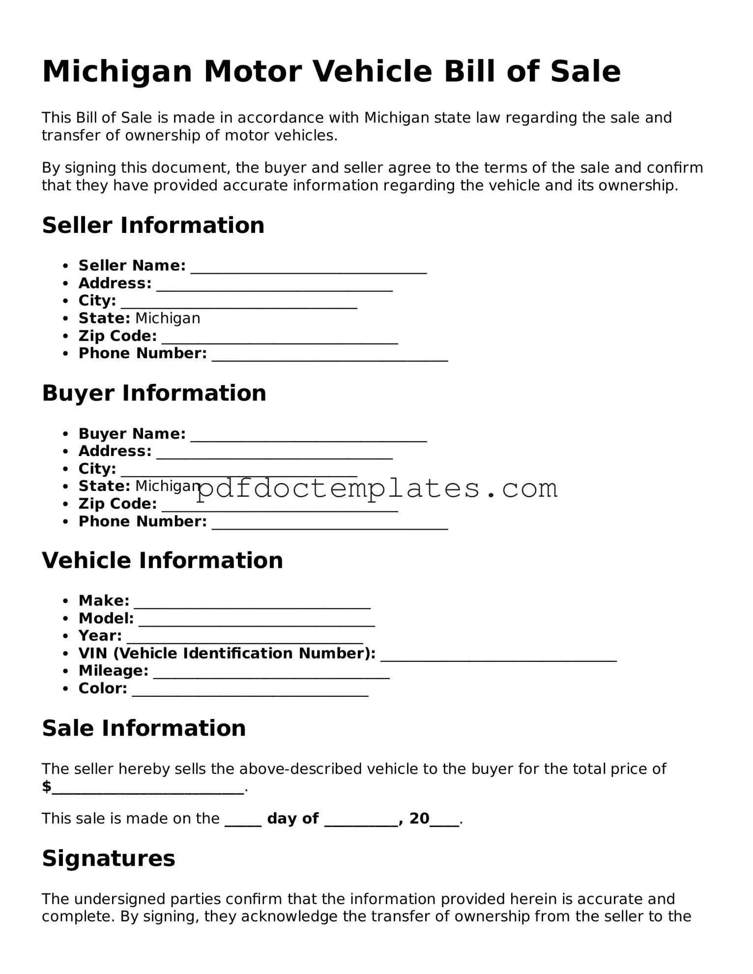 Blank  Motor Vehicle Bill of Sale Document for Michigan