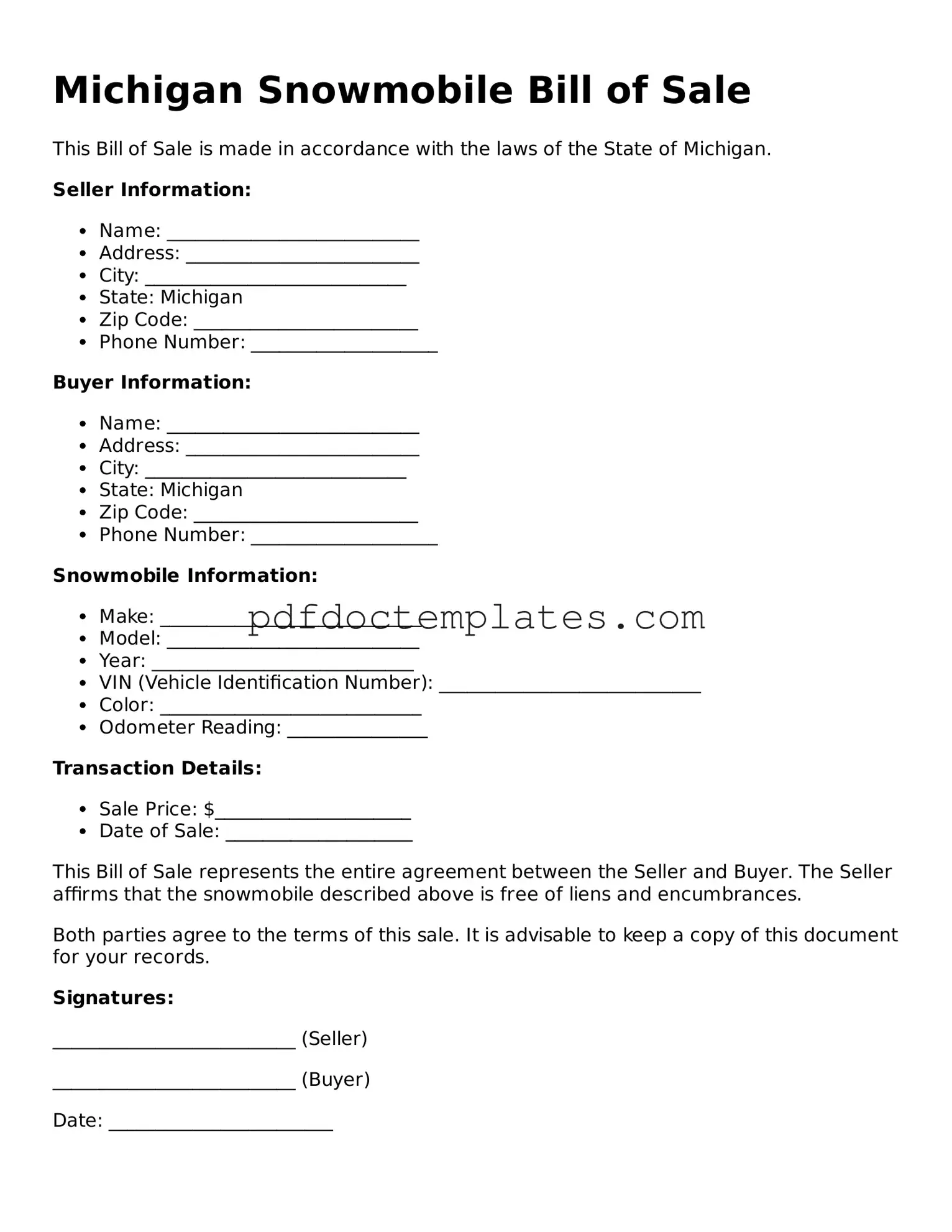 Blank  Snowmobile Bill of Sale Document for Michigan