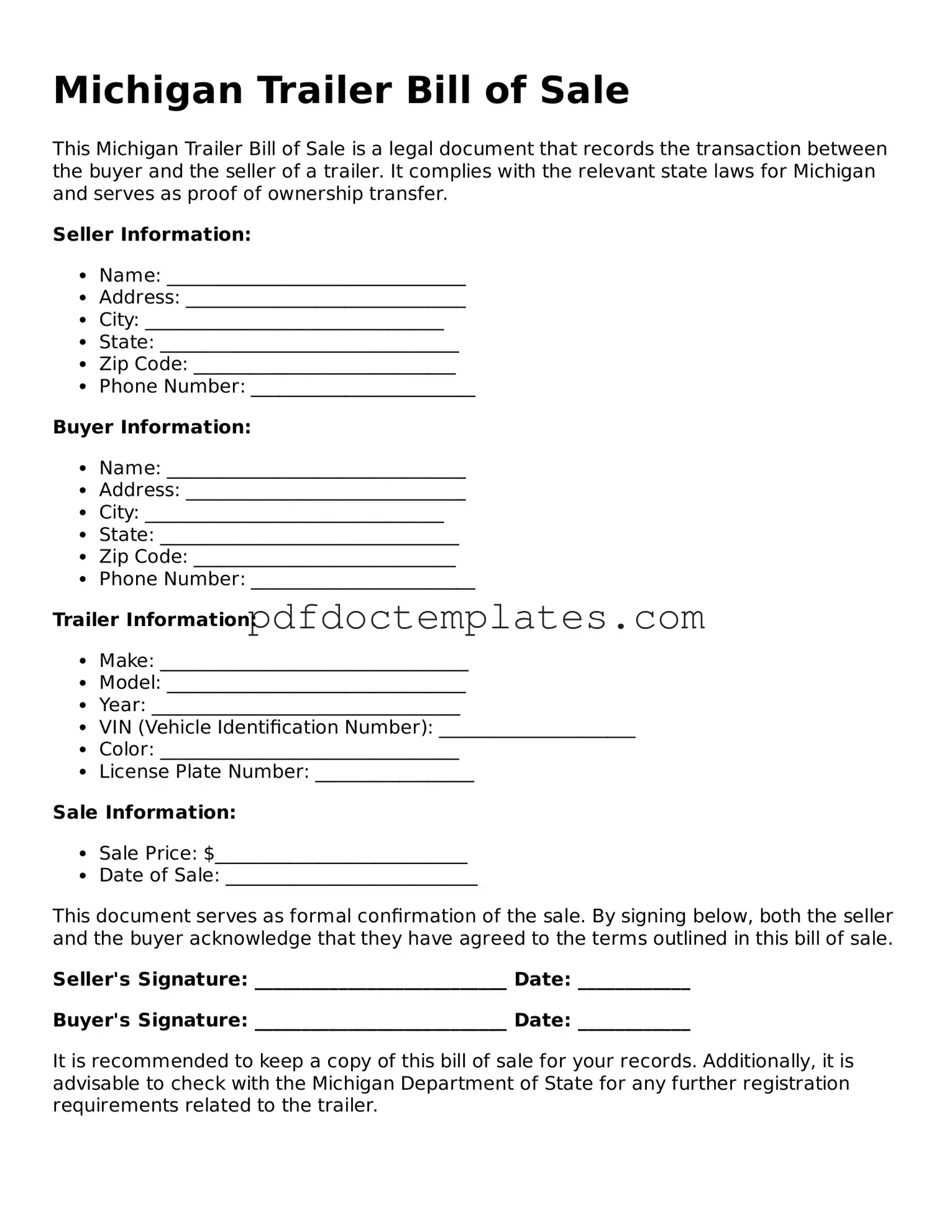 Blank  Trailer Bill of Sale Document for Michigan