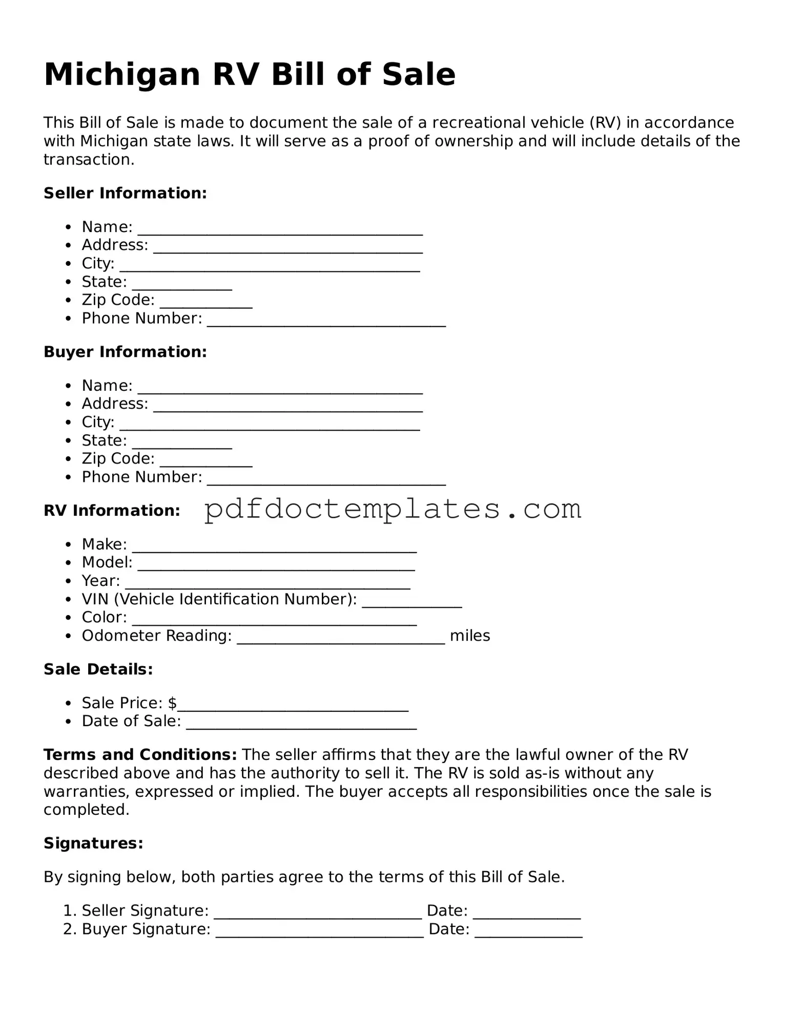 Blank  RV Bill of Sale Document for Michigan