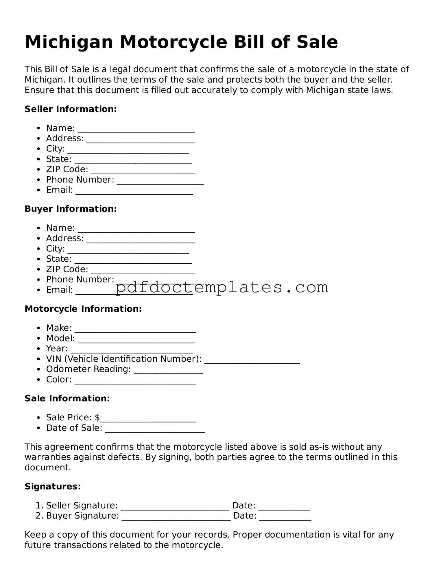 Blank  Motorcycle Bill of Sale Document for Michigan