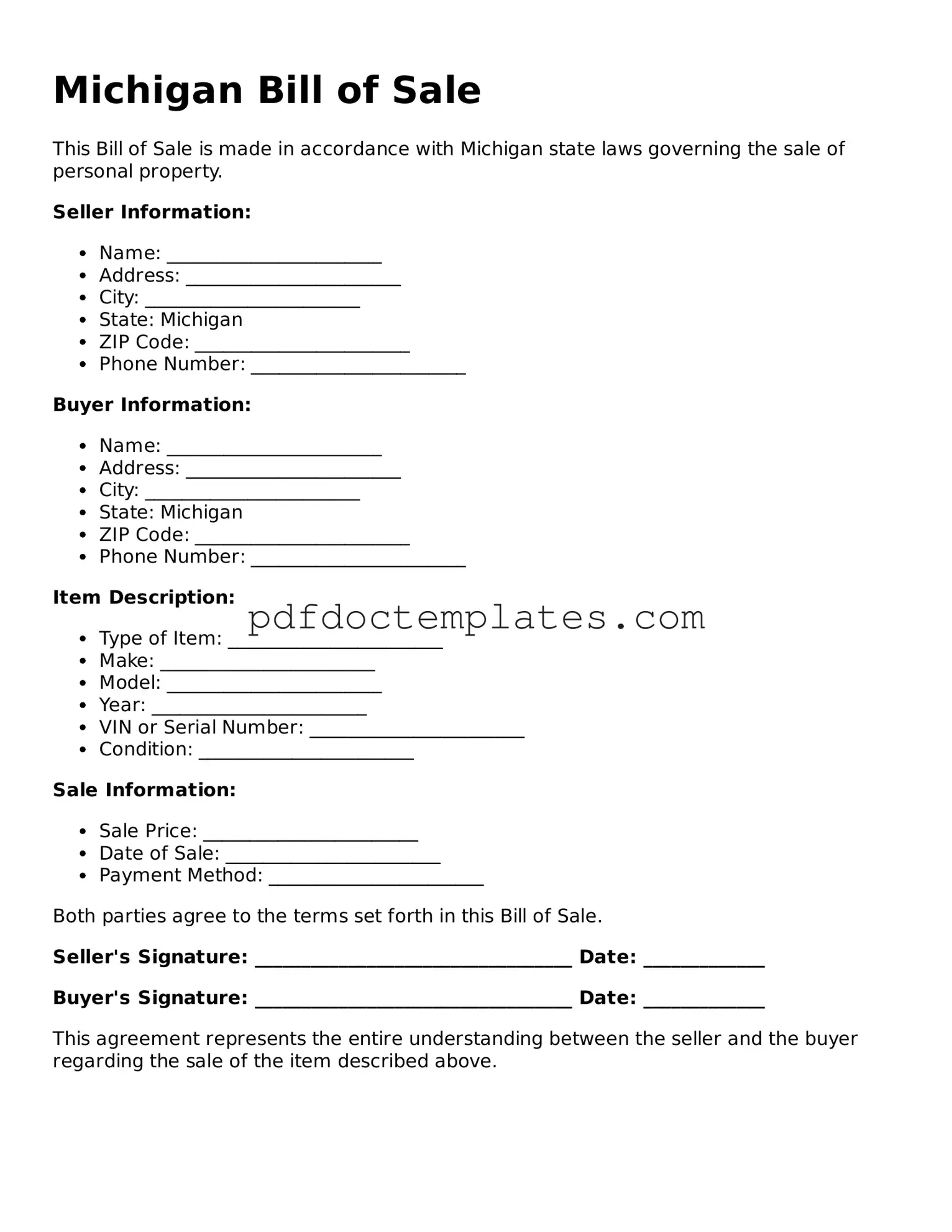 Blank  Bill of Sale Document for Michigan