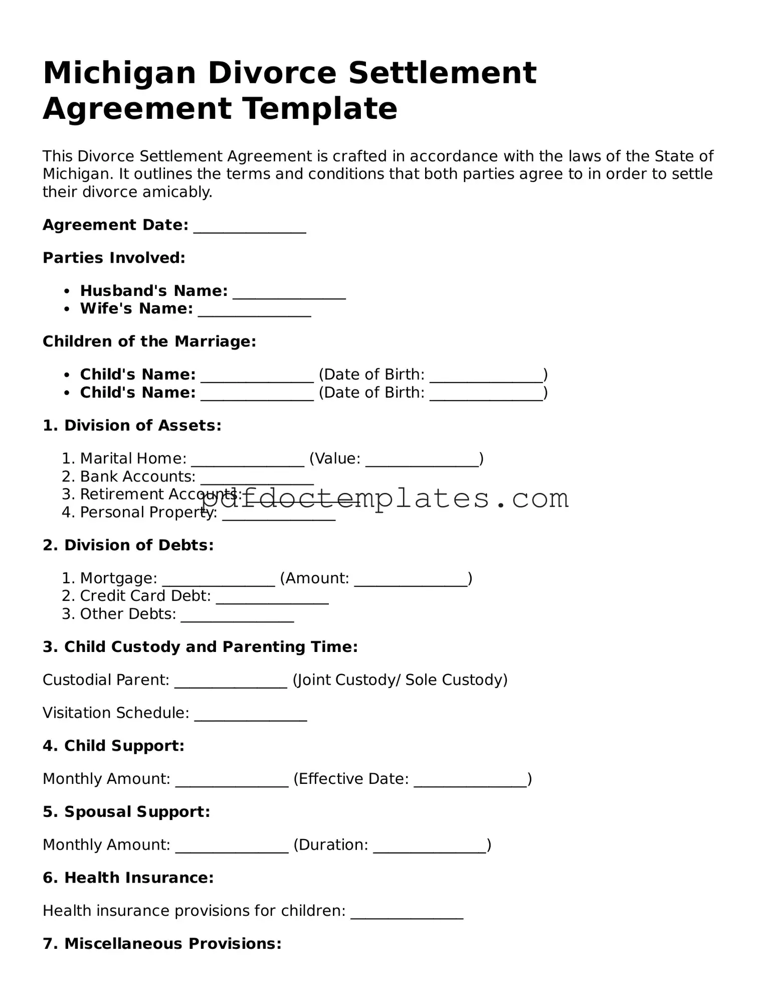 Blank  Divorce Settlement Agreement Document for Michigan